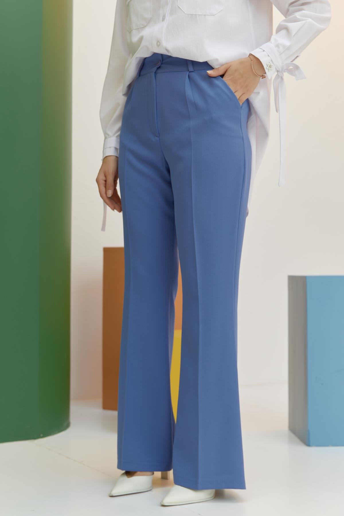 Tesettür İspanyol Paça Pileli Pantolon IndigoHM1845