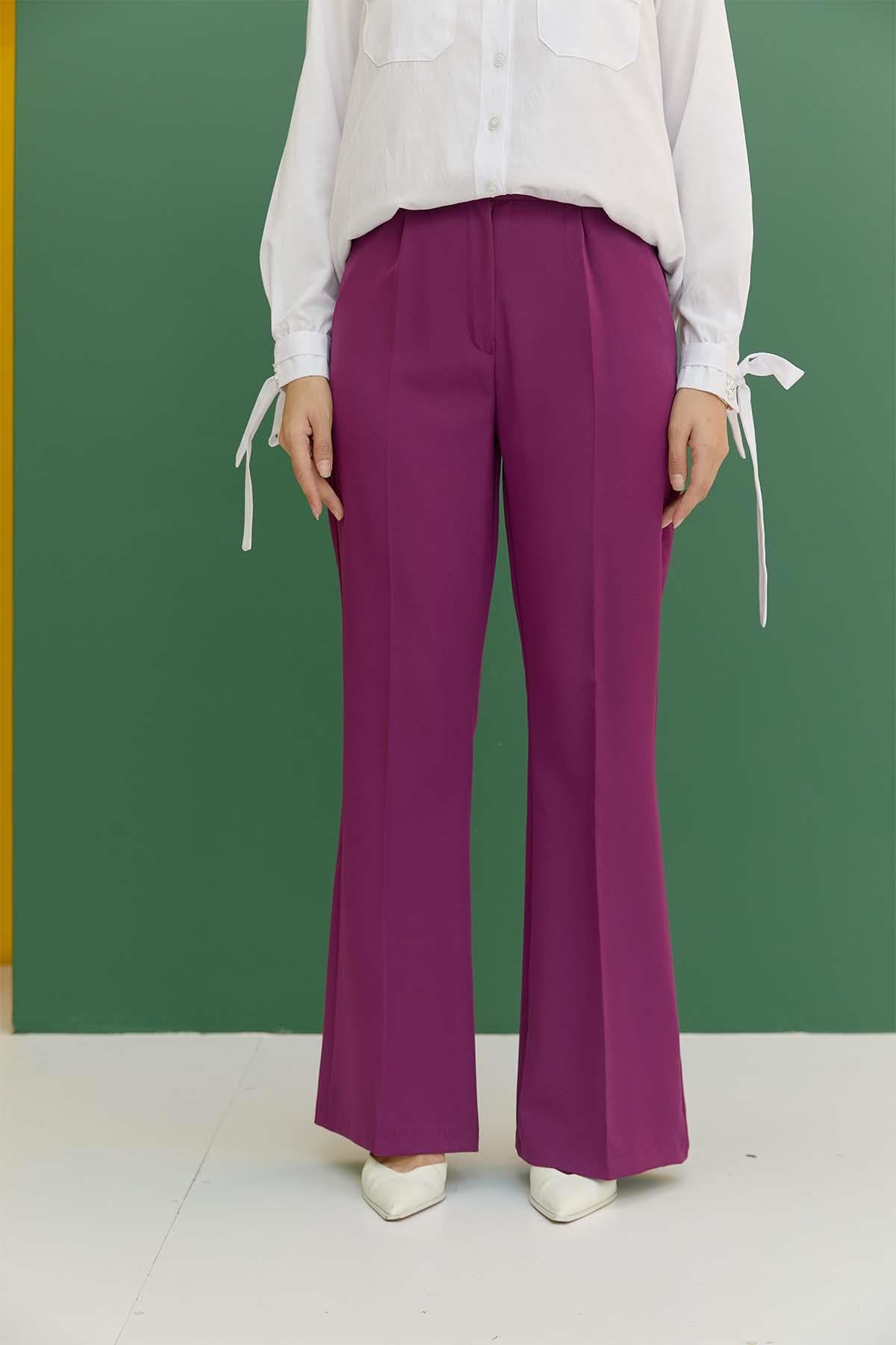 Tesettür İspanyol Paça Pileli Pantolon MürdümHM1845