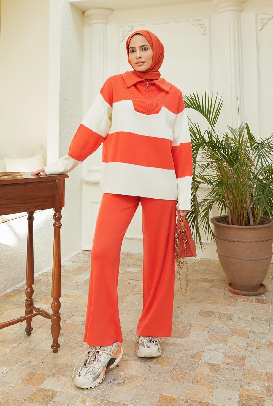 Tesettür Kalın Cizgili Takım turuncuHM5006
