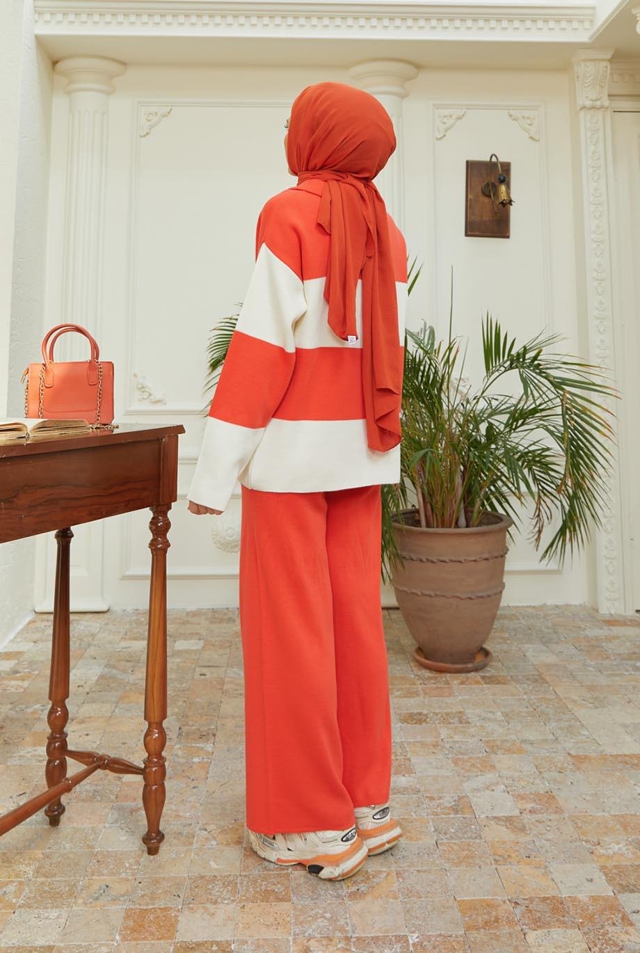 Tesettür Kalın Cizgili Takım turuncuHM5006