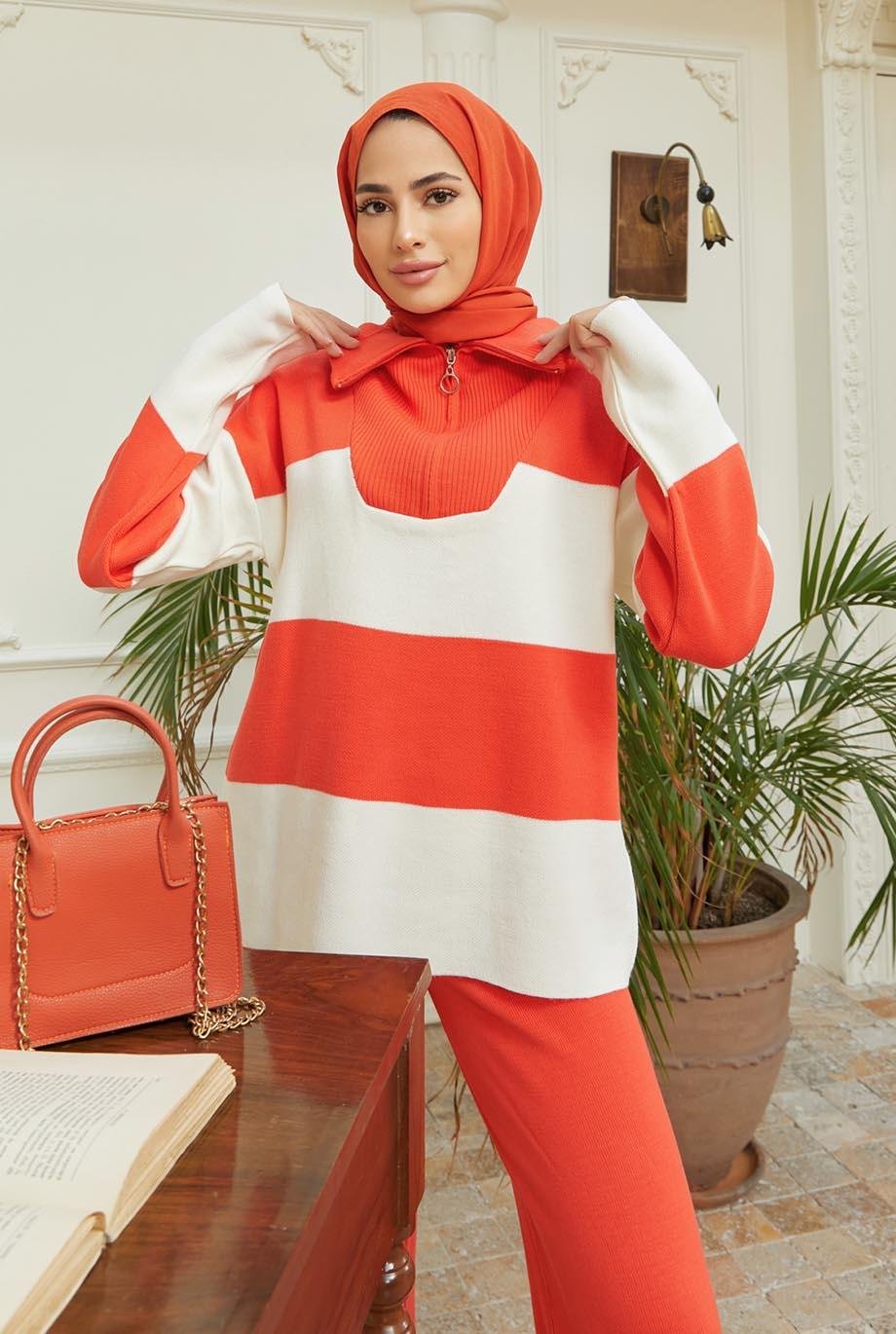 Tesettür Kalın Cizgili Takım turuncuHM5006
