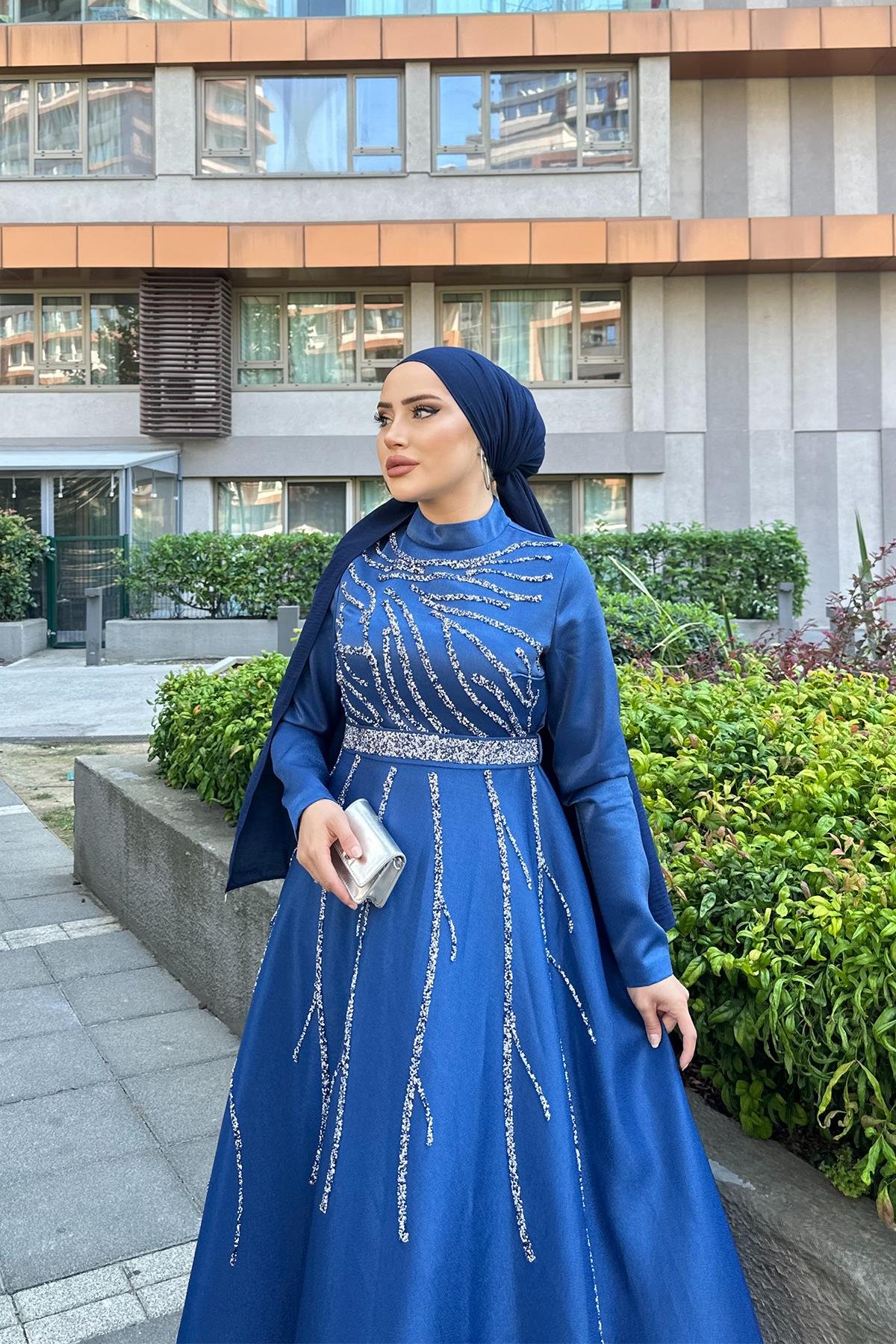 Tesettür Karsu Krep Saten Abiye IndigoLP6076