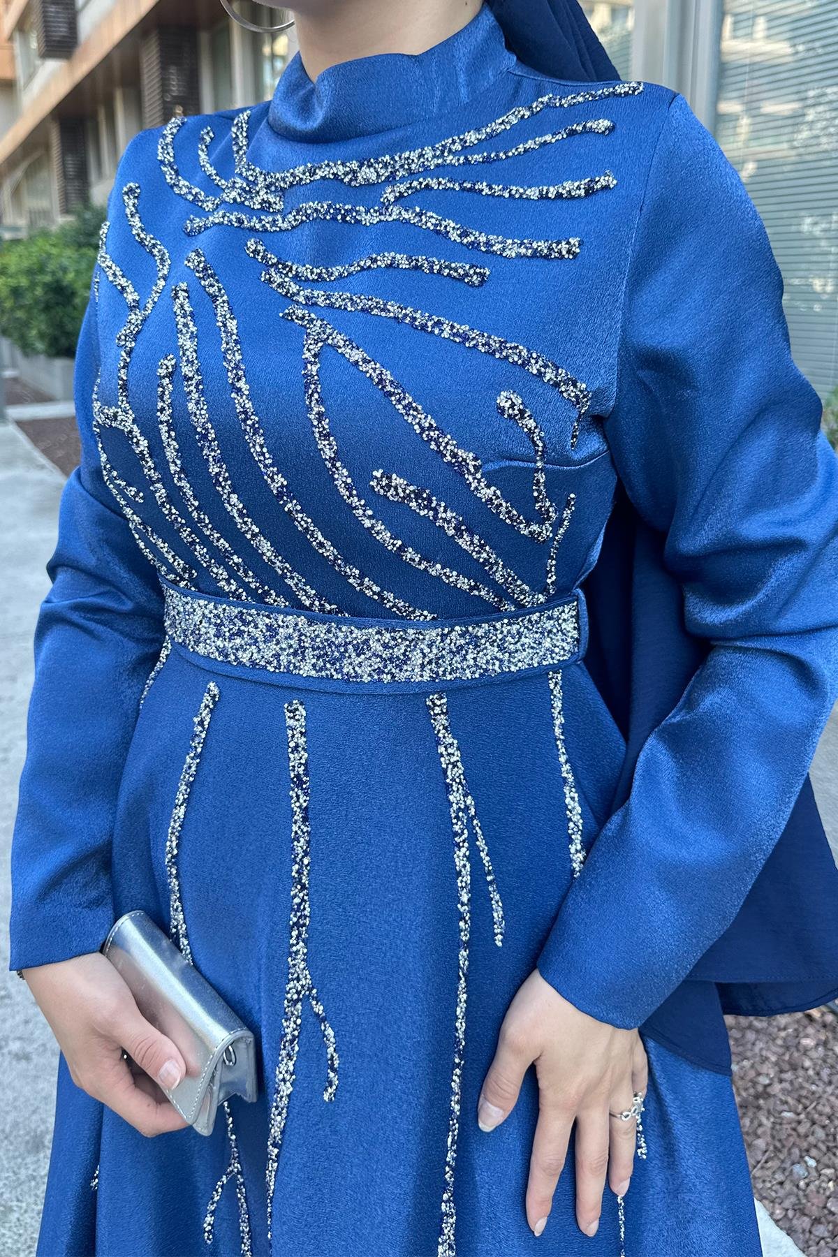 Tesettür Karsu Krep Saten Abiye IndigoLP6076