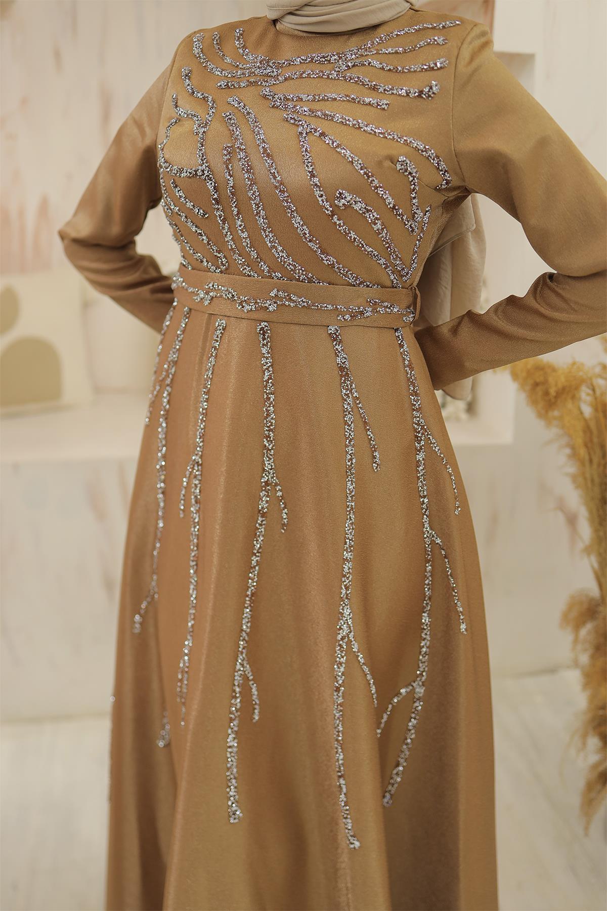 Tesettür Karsu Krep Saten Abiye KahverengiLP6076