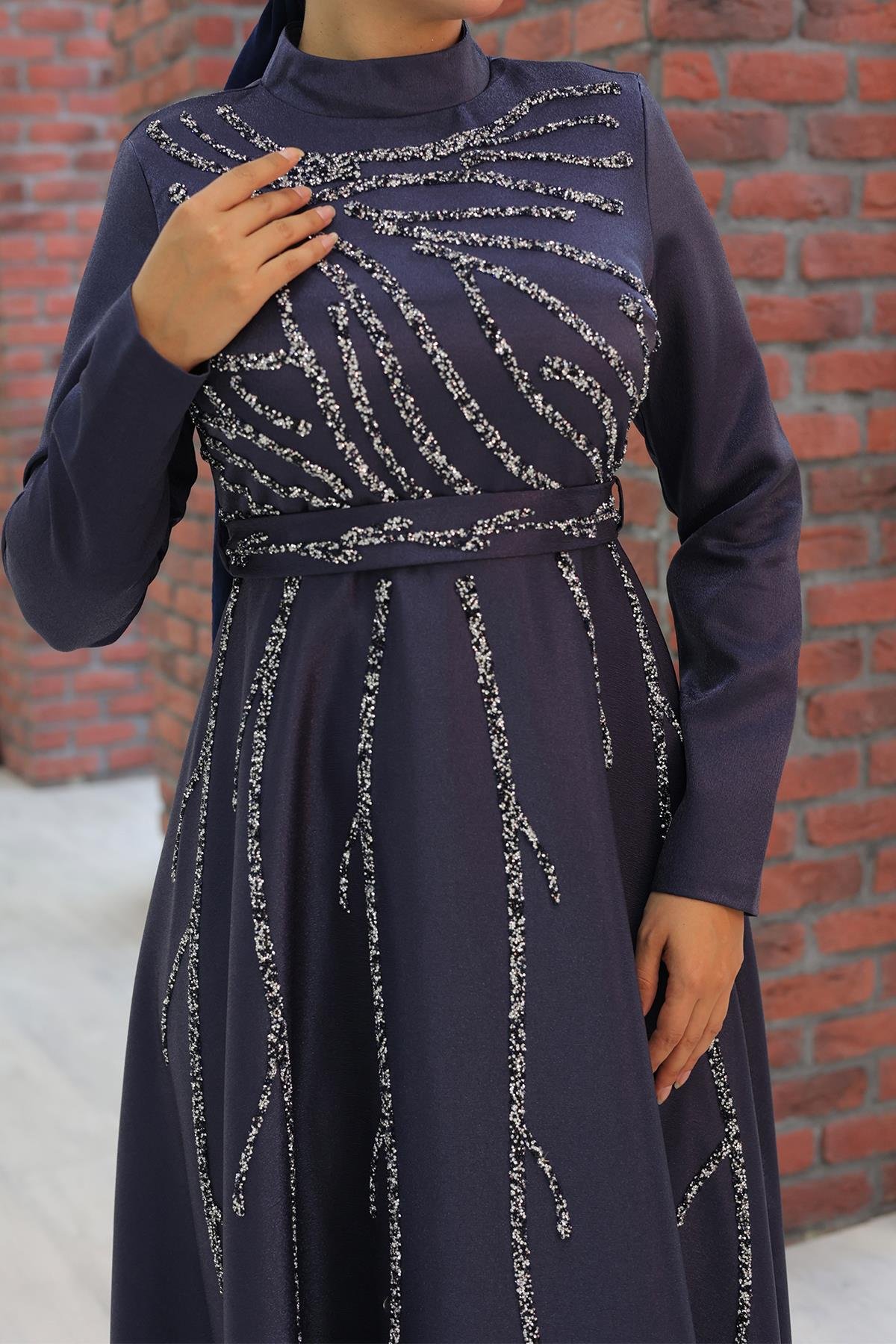 Tesettür Karsu Krep Saten Abiye LacivertLP6076