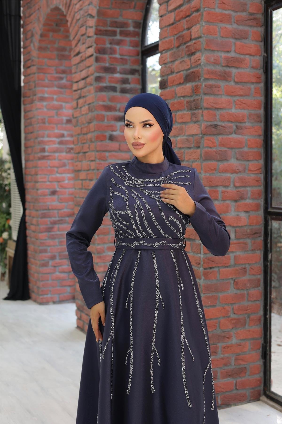 Tesettür Karsu Krep Saten Abiye LacivertLP6076