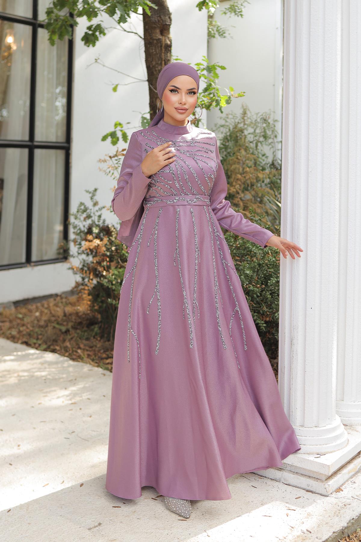 Tesettür Karsu Krep Saten Abiye LilaLP6076