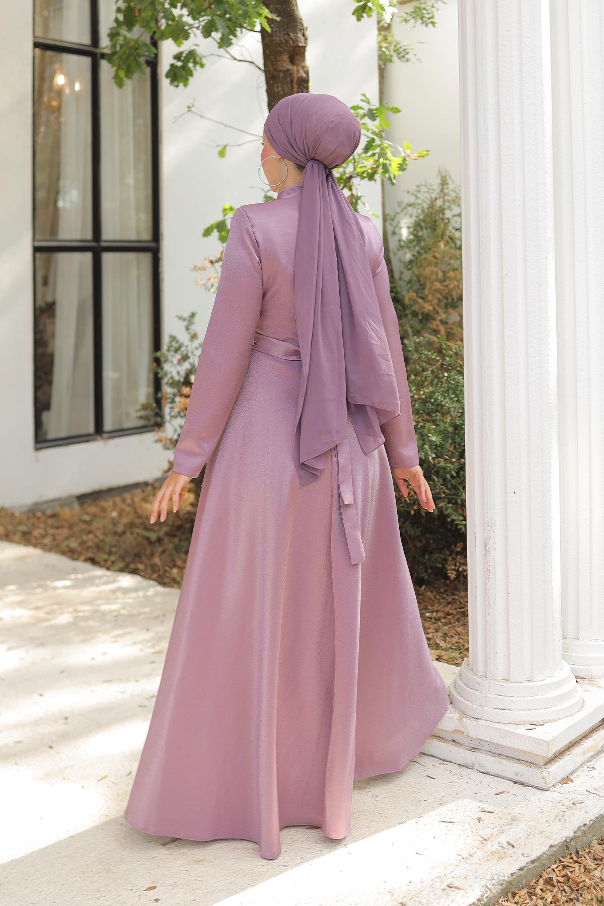 Tesettür Karsu Krep Saten Abiye LilaLP6076