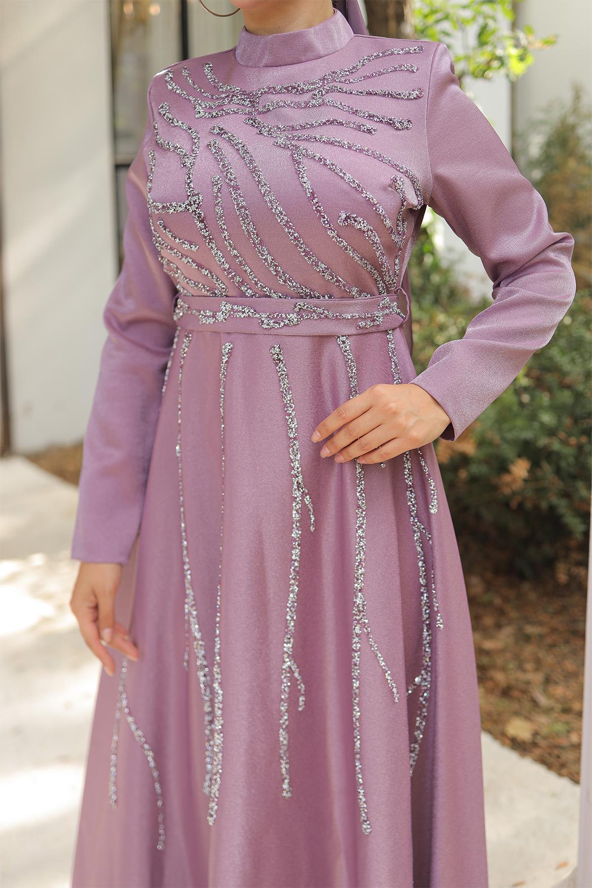 Tesettür Karsu Krep Saten Abiye LilaLP6076