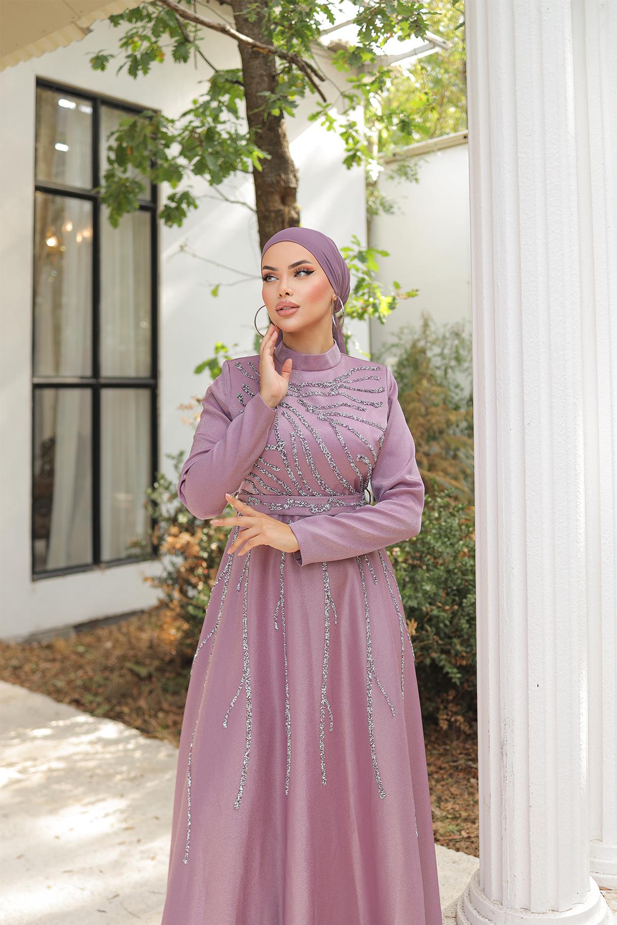Tesettür Karsu Krep Saten Abiye LilaLP6076