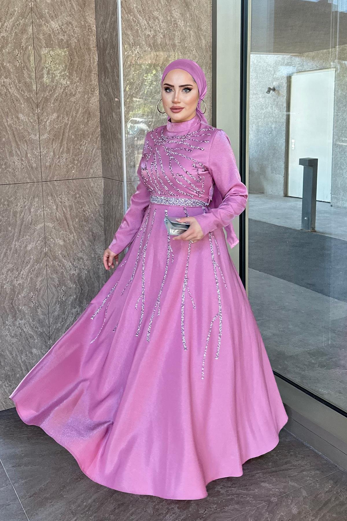 Tesettür Karsu Krep Saten Abiye PembeLP6076