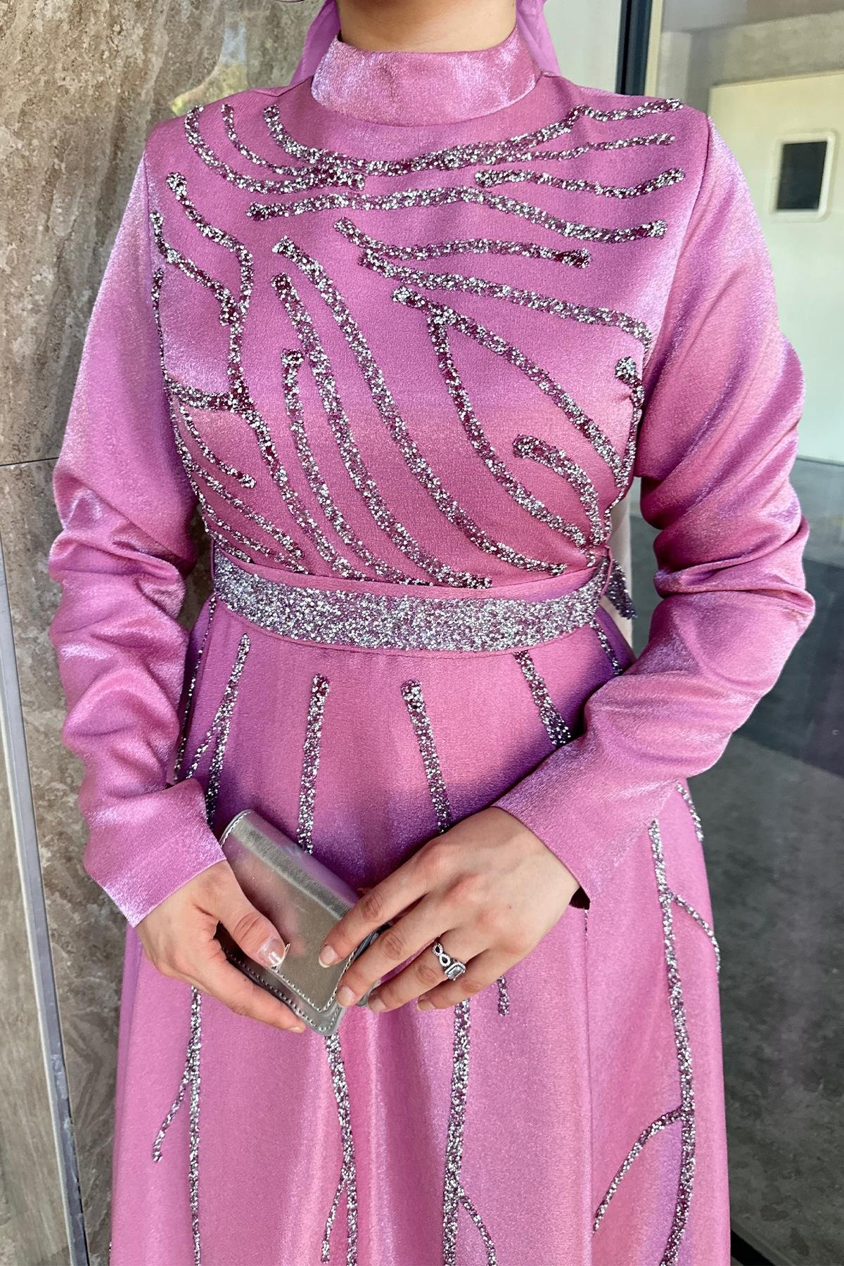 Tesettür Karsu Krep Saten Abiye PembeLP6076