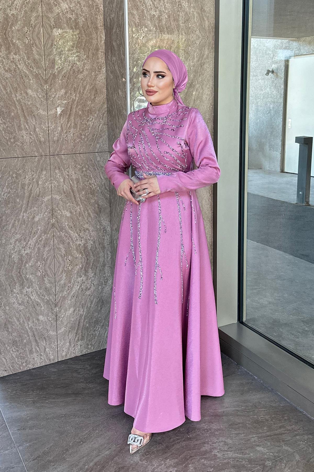 Tesettür Karsu Krep Saten Abiye PembeLP6076