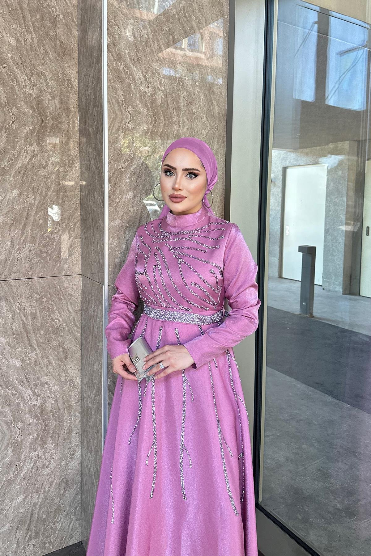 Tesettür Karsu Krep Saten Abiye PembeLP6076