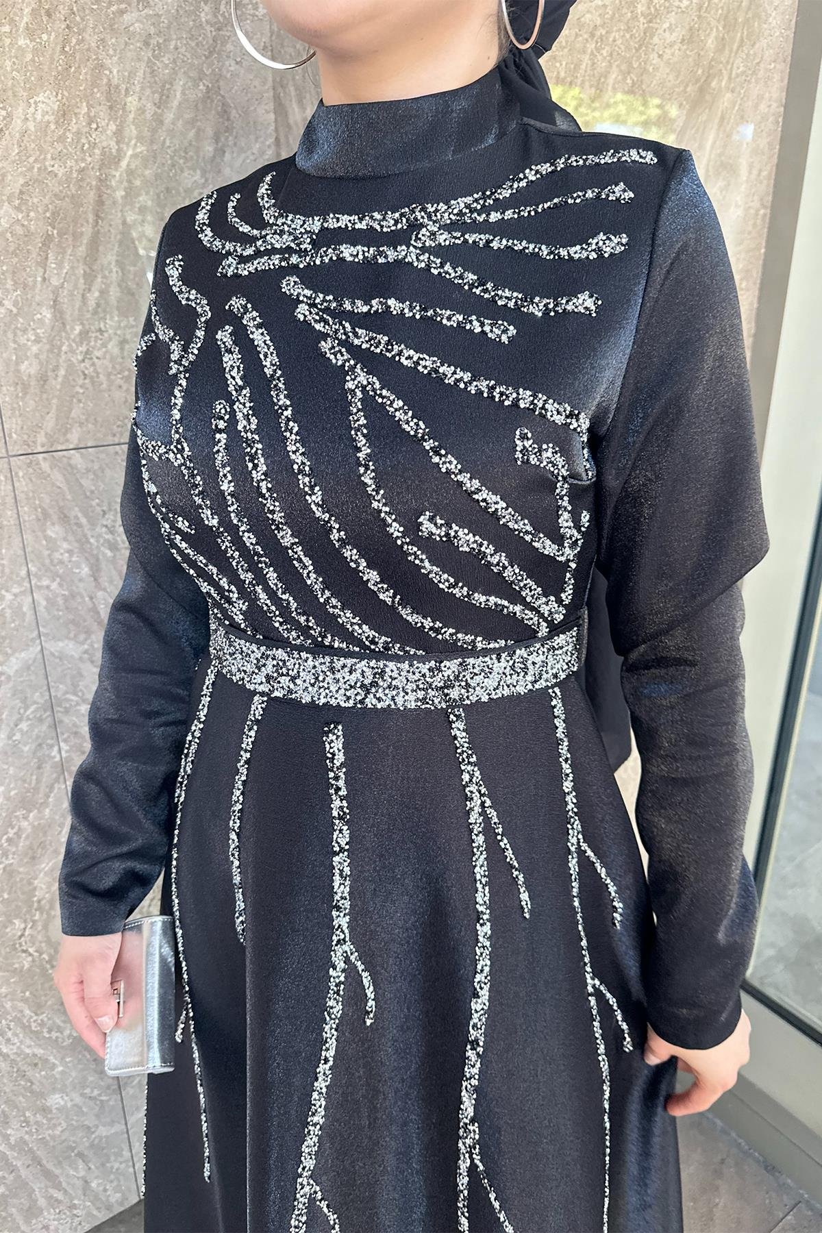 Tesettür Karsu Krep Saten Abiye SiyahLP6076