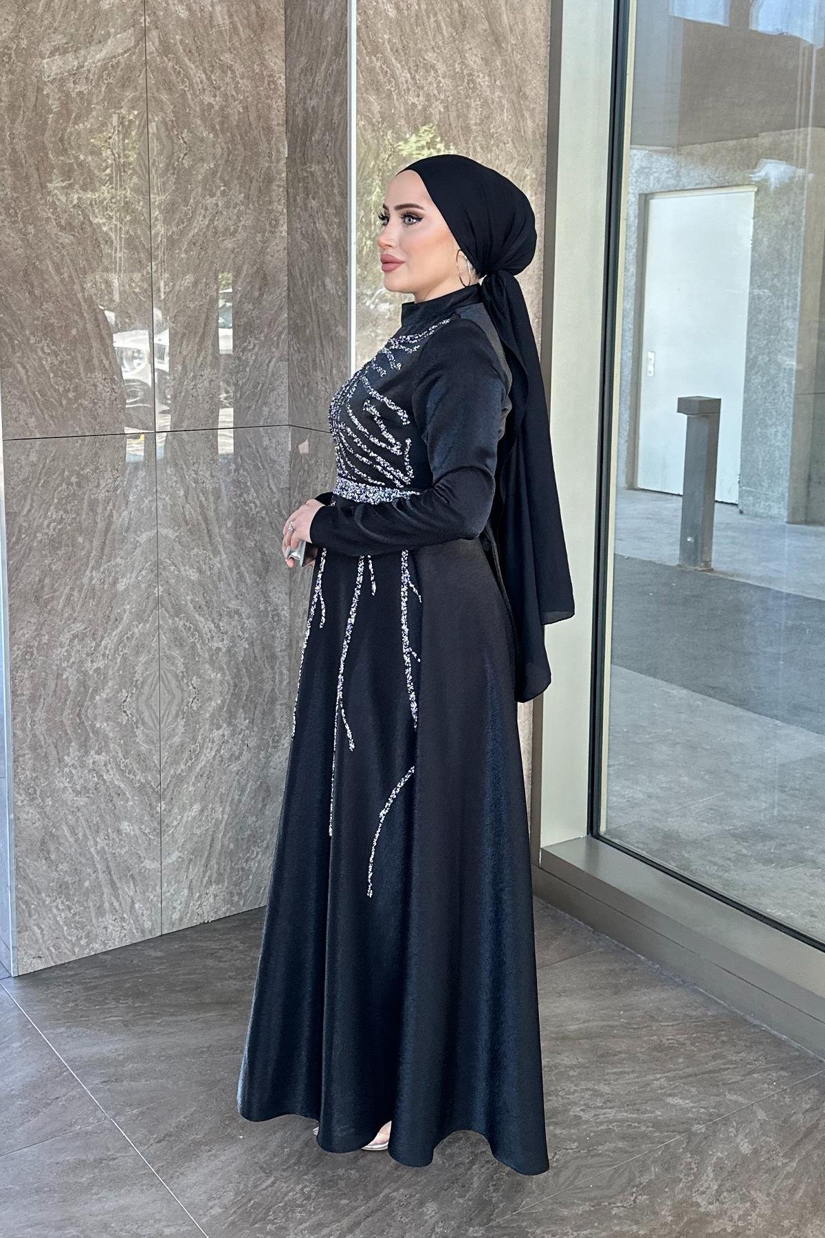 Tesettür Karsu Krep Saten Abiye SiyahLP6076