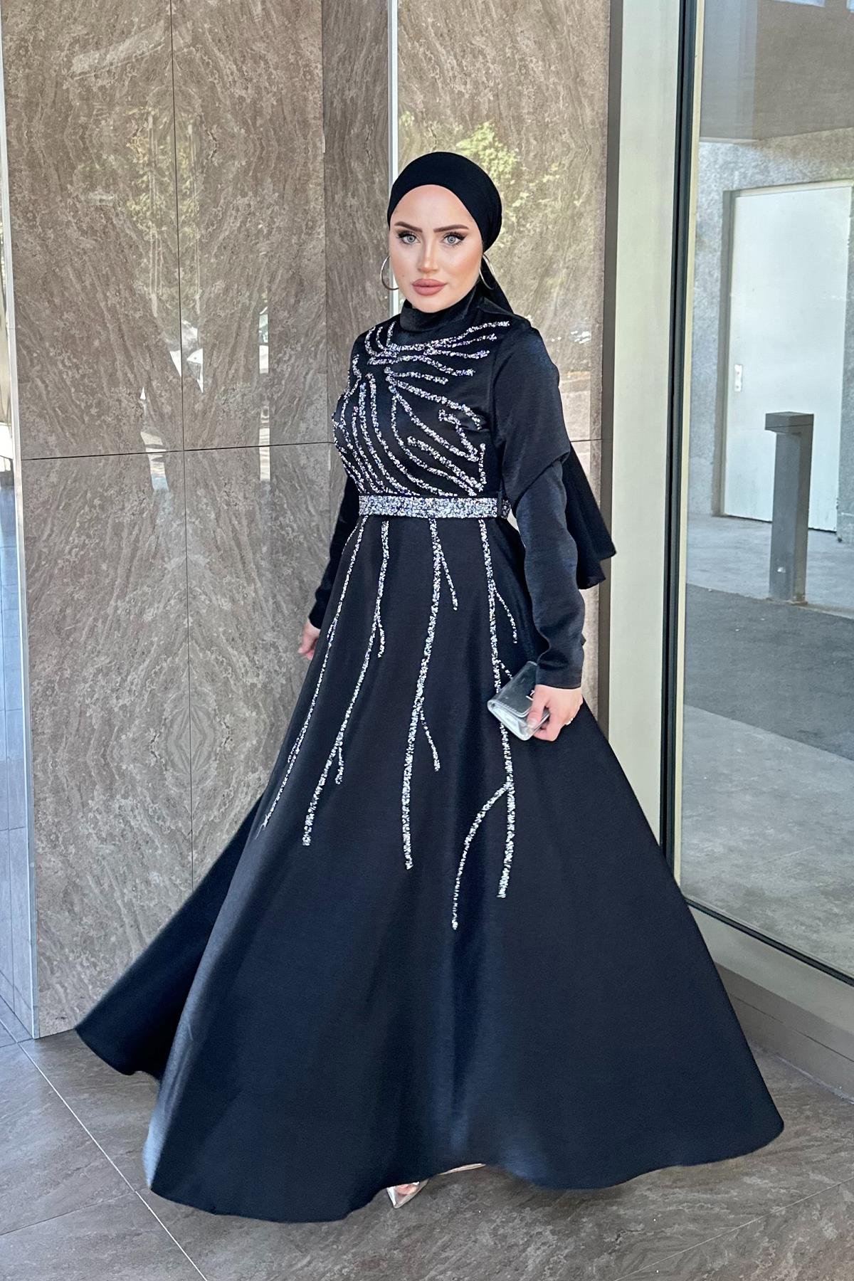 Tesettür Karsu Krep Saten Abiye SiyahLP6076