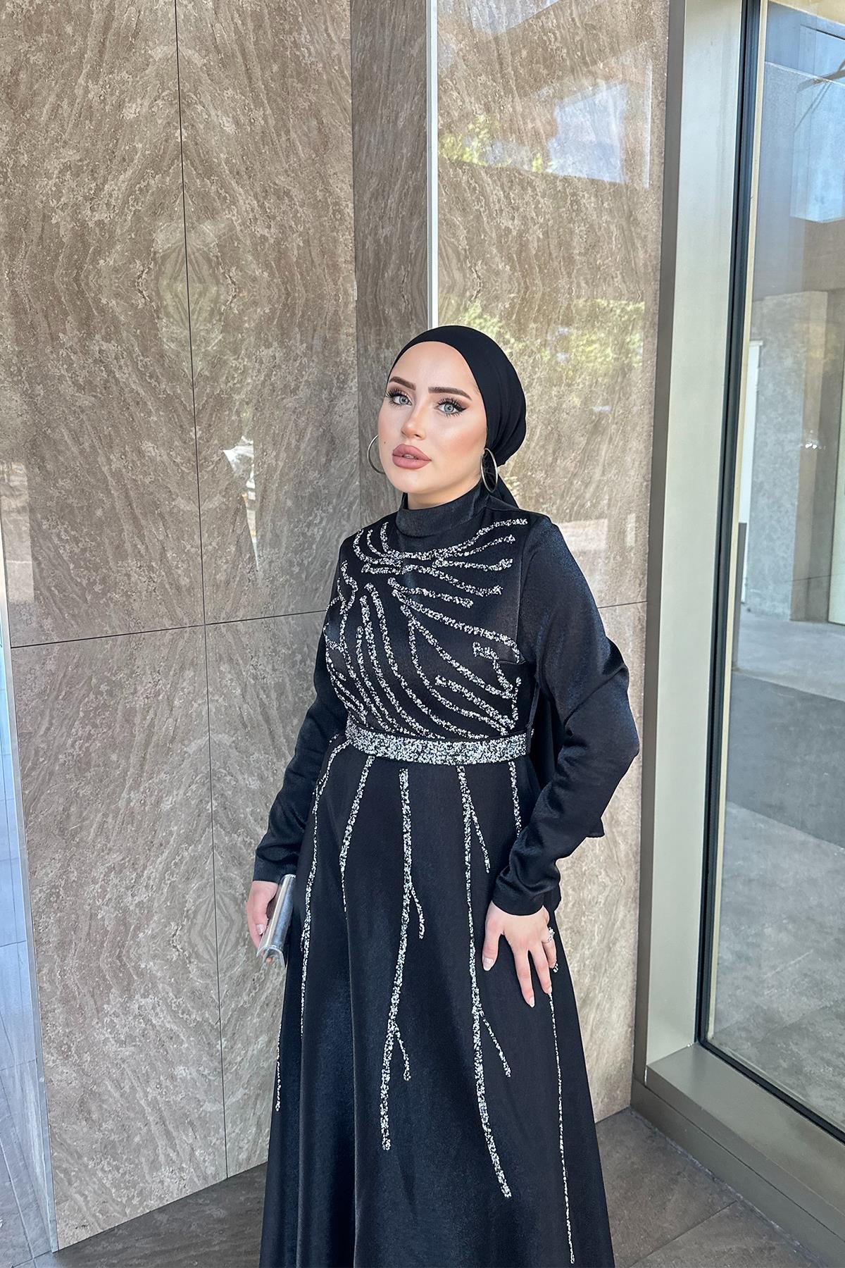 Tesettür Karsu Krep Saten Abiye SiyahLP6076