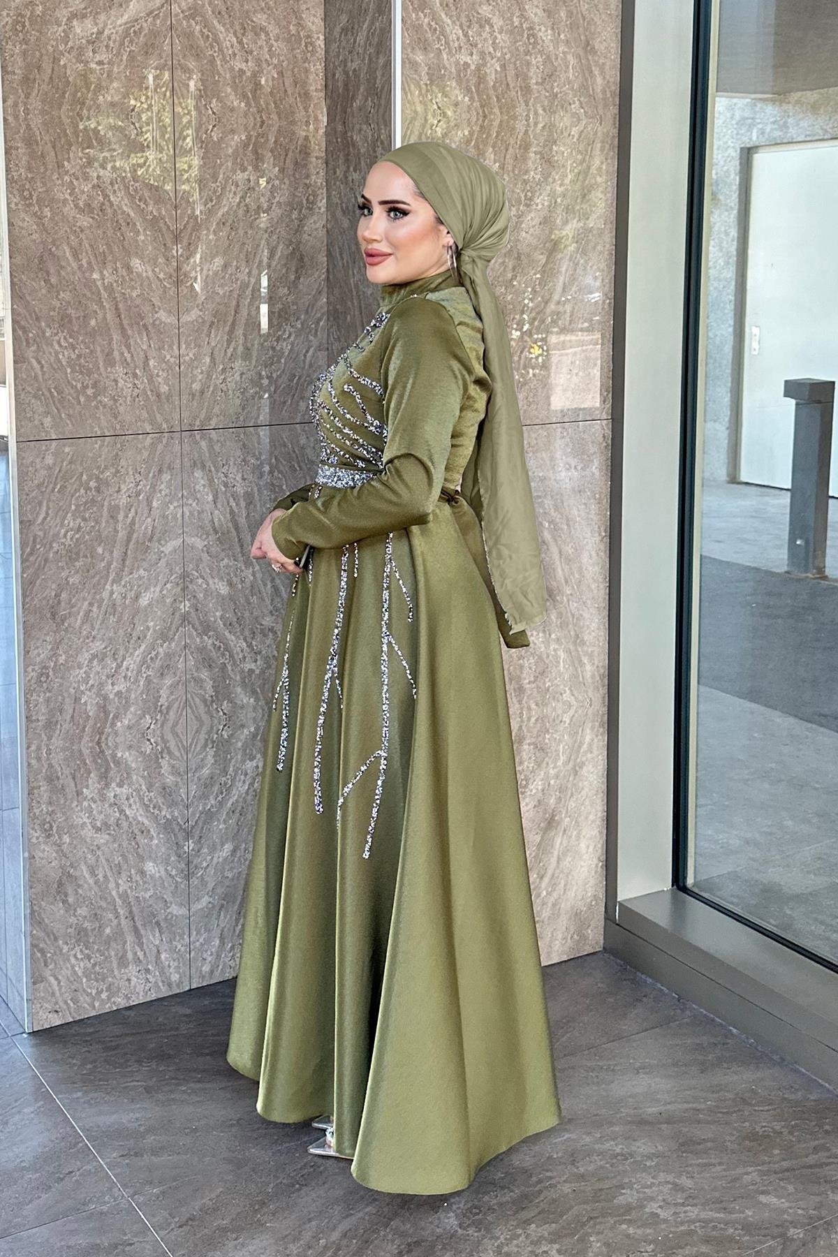 Tesettür Karsu Krep Saten Abiye Zeytin YeşiliLP6076