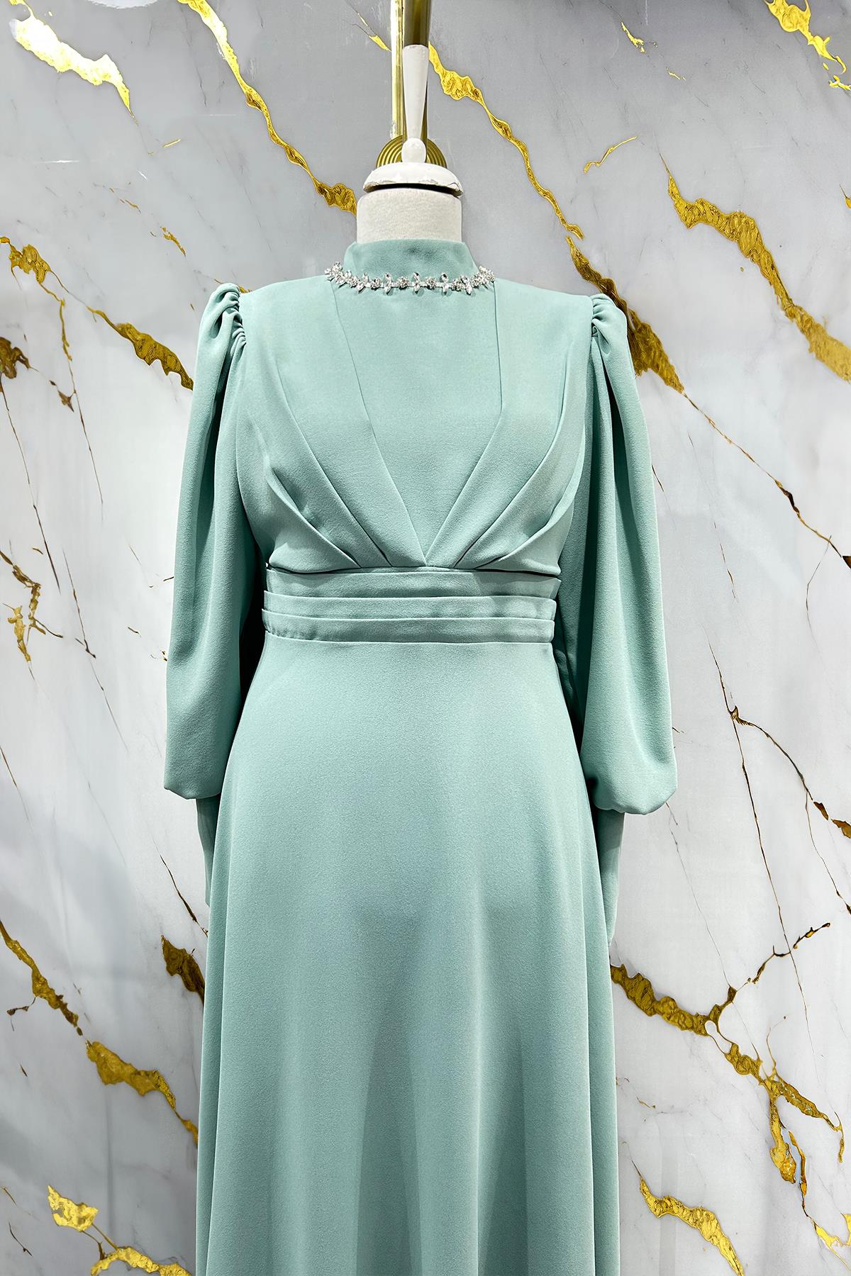 Tesettür Katre Krep Abiye Mint YeşiliLP6191