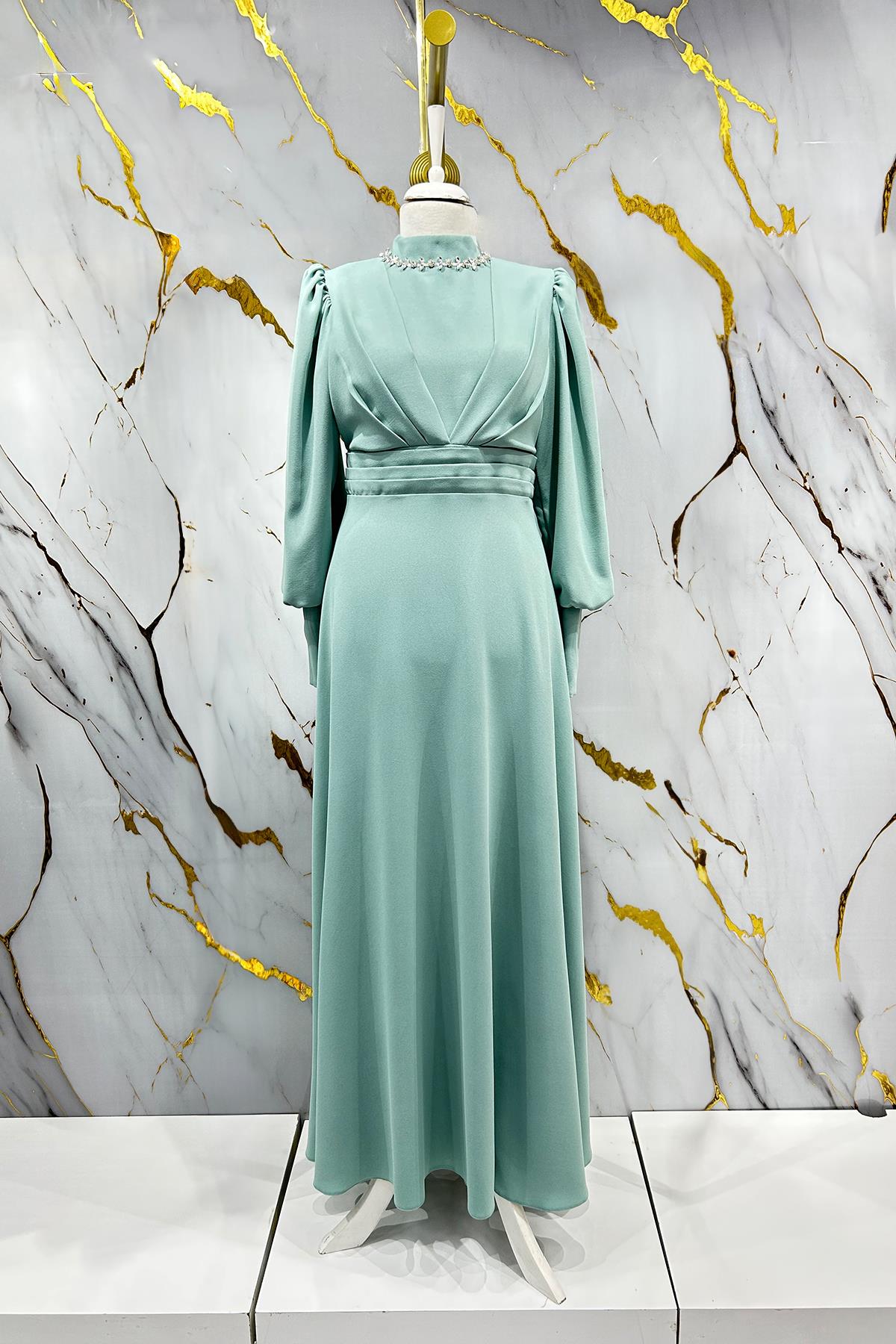 Tesettür Katre Krep Abiye Mint YeşiliLP6191