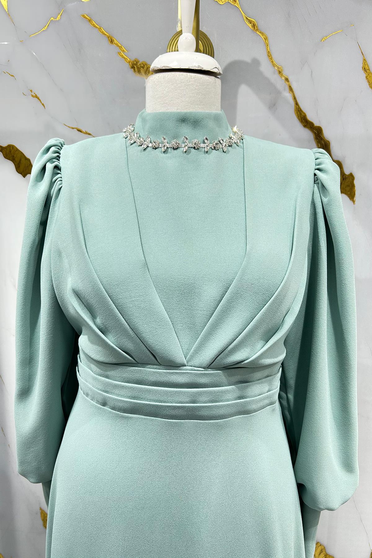 Tesettür Katre Krep Abiye Mint YeşiliLP6191