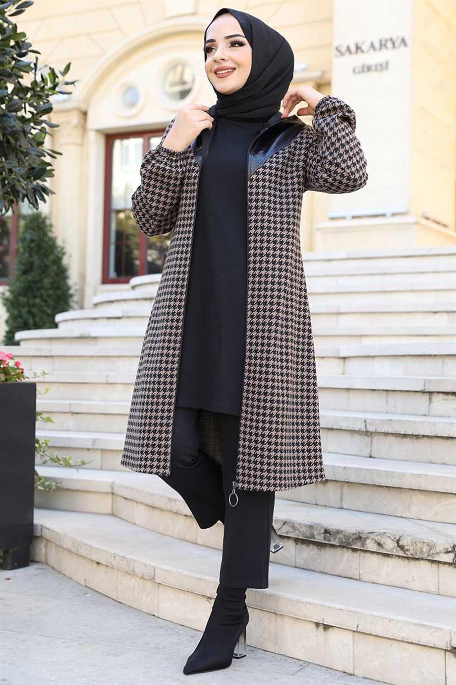 Tesettür Kazayağı Desen Fermuarlı Kap VizonHM4001