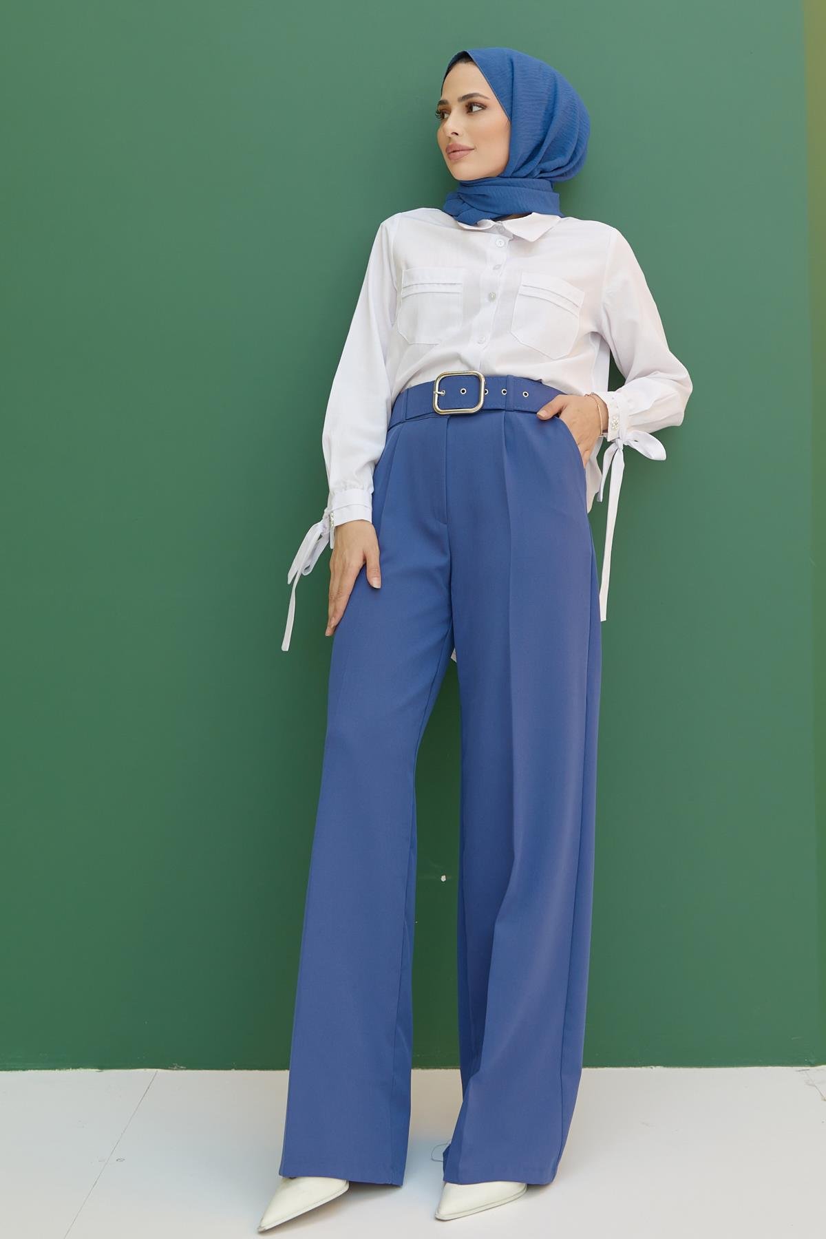 Tesettür Kemerli Pileli Pantolon IndigoHM1842