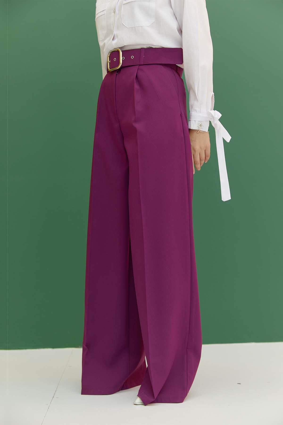 Tesettür Kemerli Pileli Pantolon MürdümHM1842