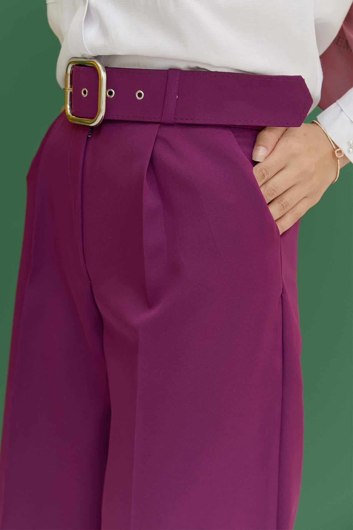 Tesettür Kemerli Pileli Pantolon MürdümHM1842