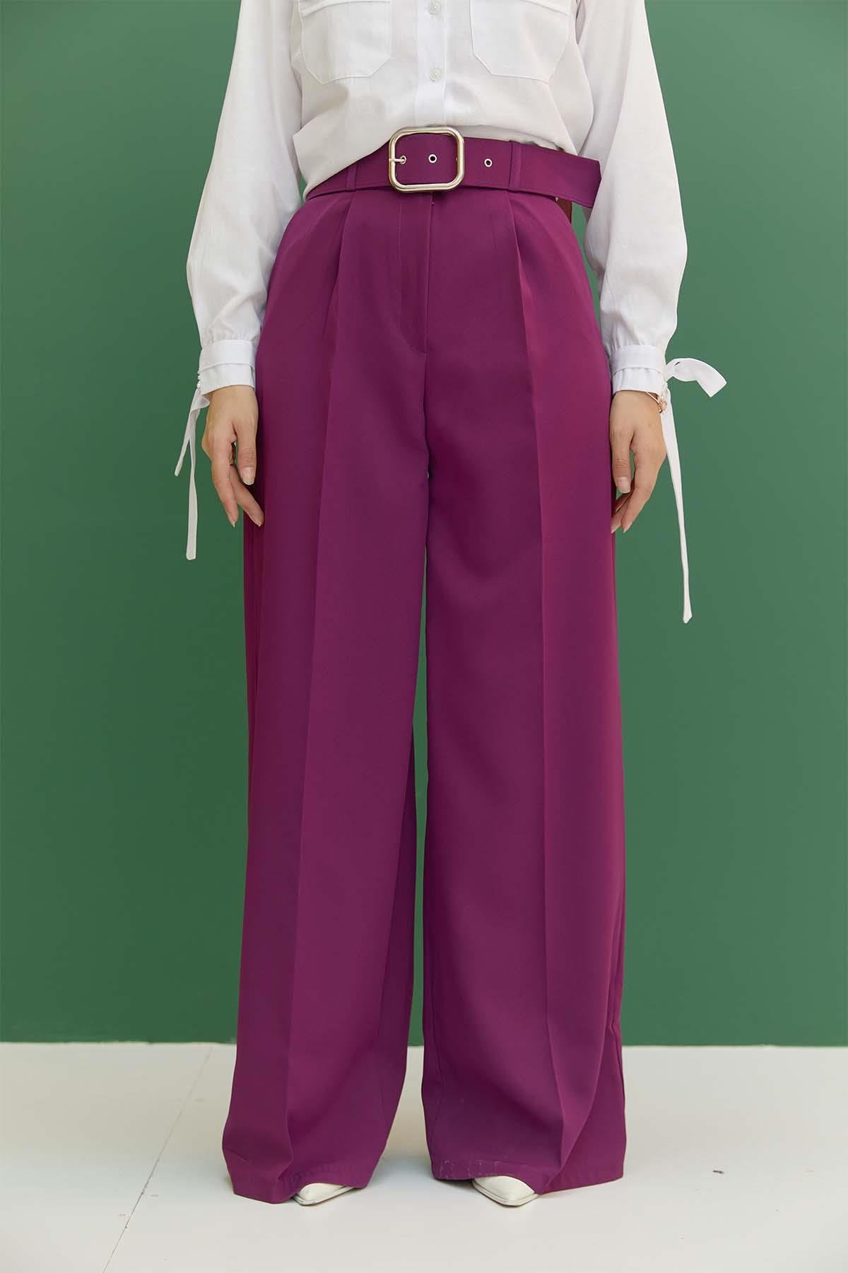 Tesettür Kemerli Pileli Pantolon MürdümHM1842