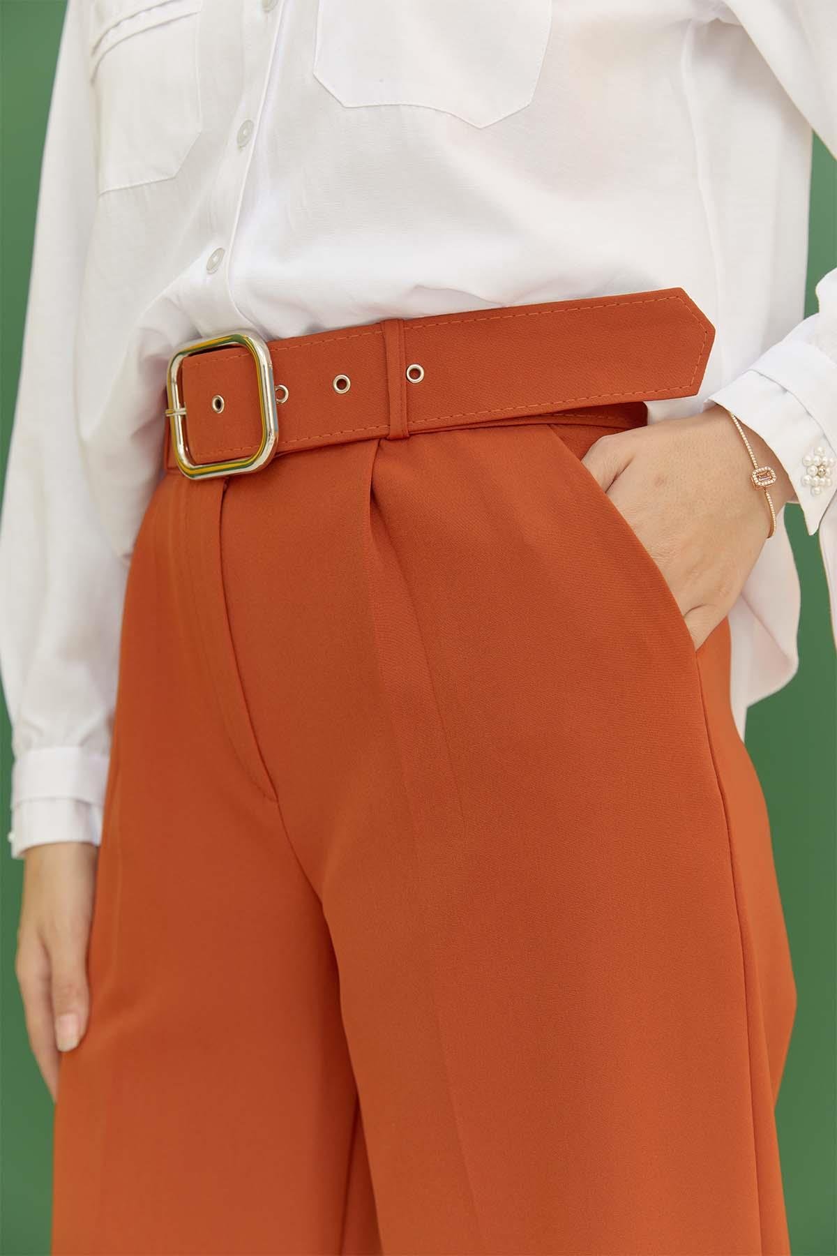 Tesettür Kemerli Pileli Pantolon OranjHM1842