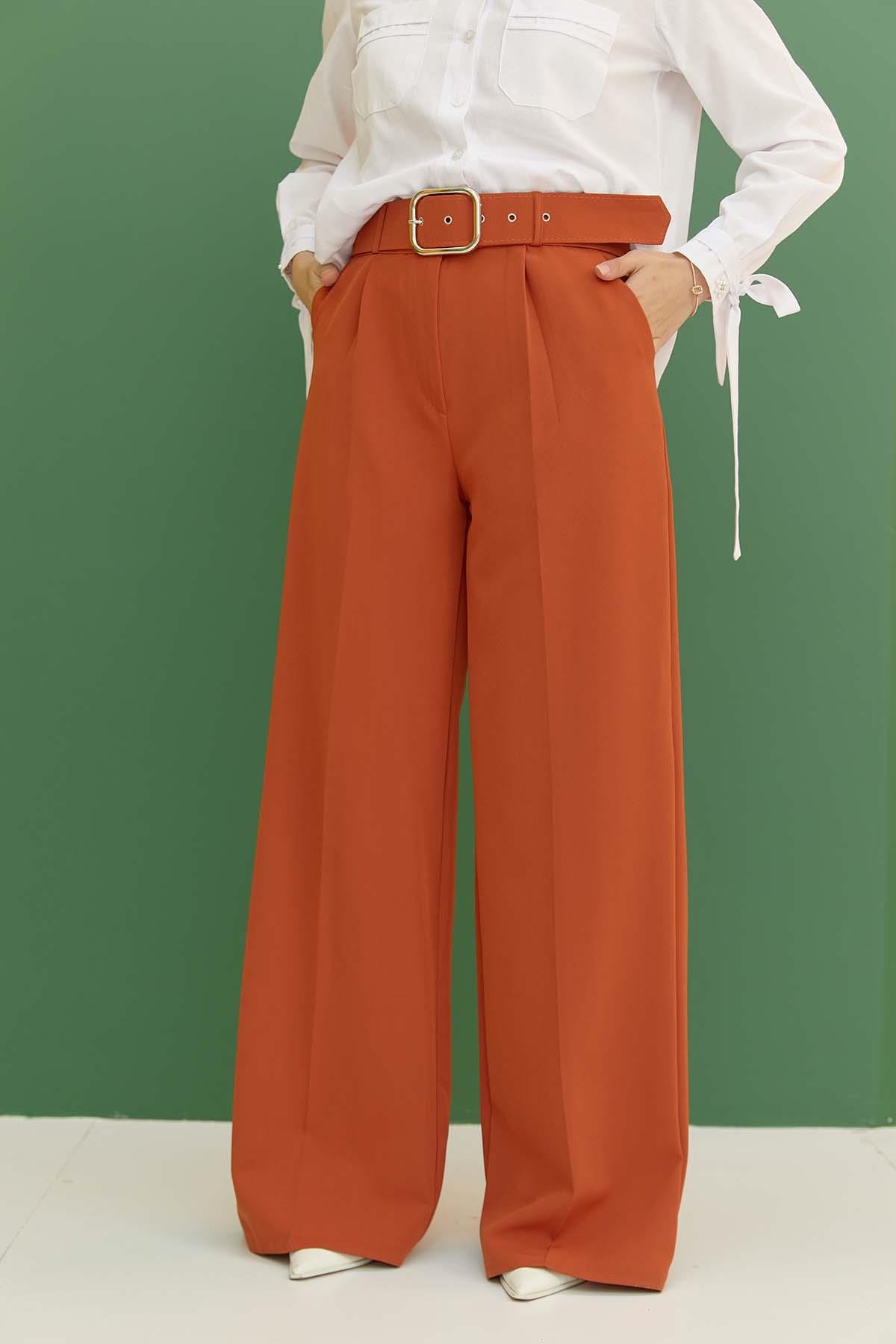Tesettür Kemerli Pileli Pantolon OranjHM1842