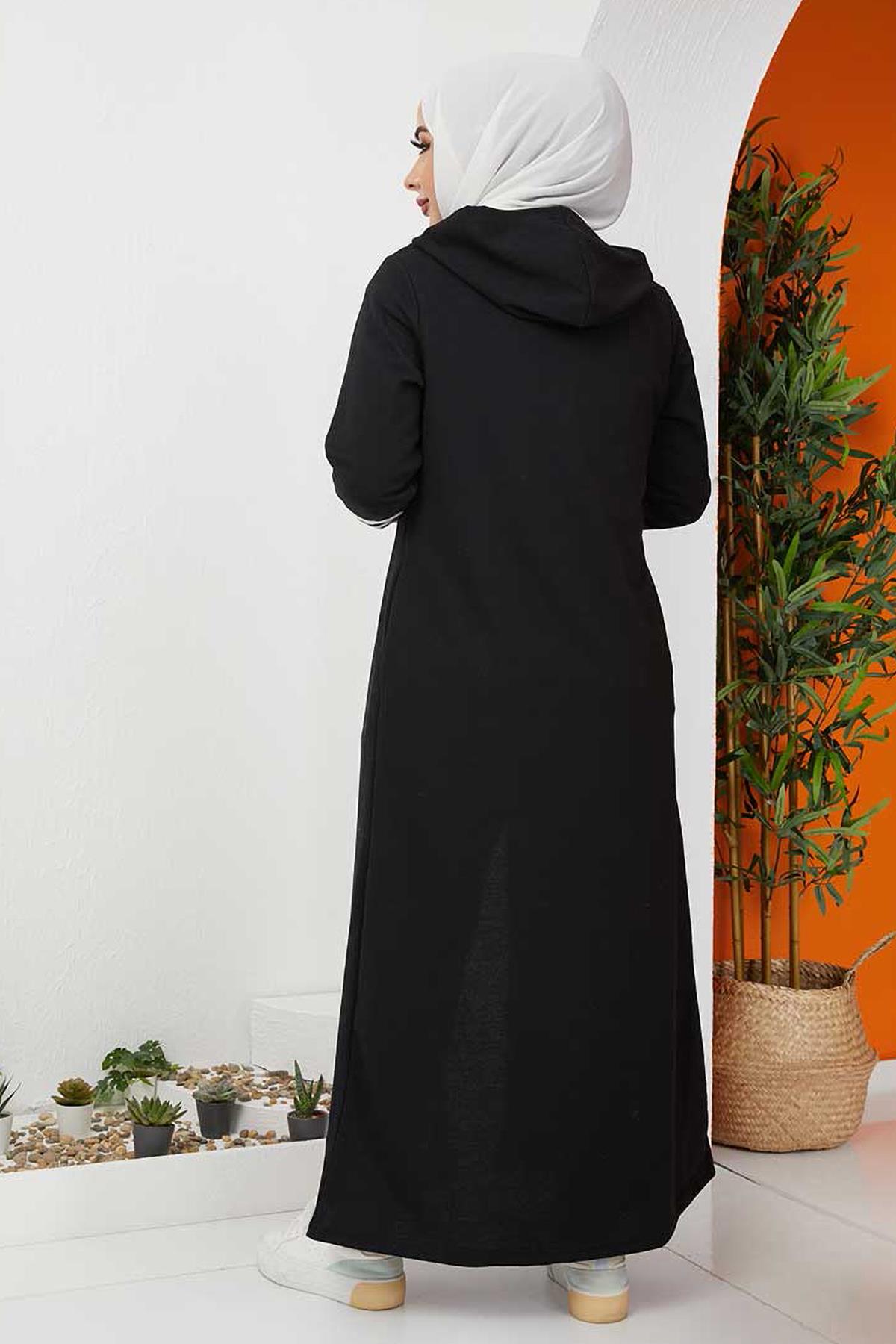 Tesettür Kolları Şerit Detaylı Ferace SiyahHM0117