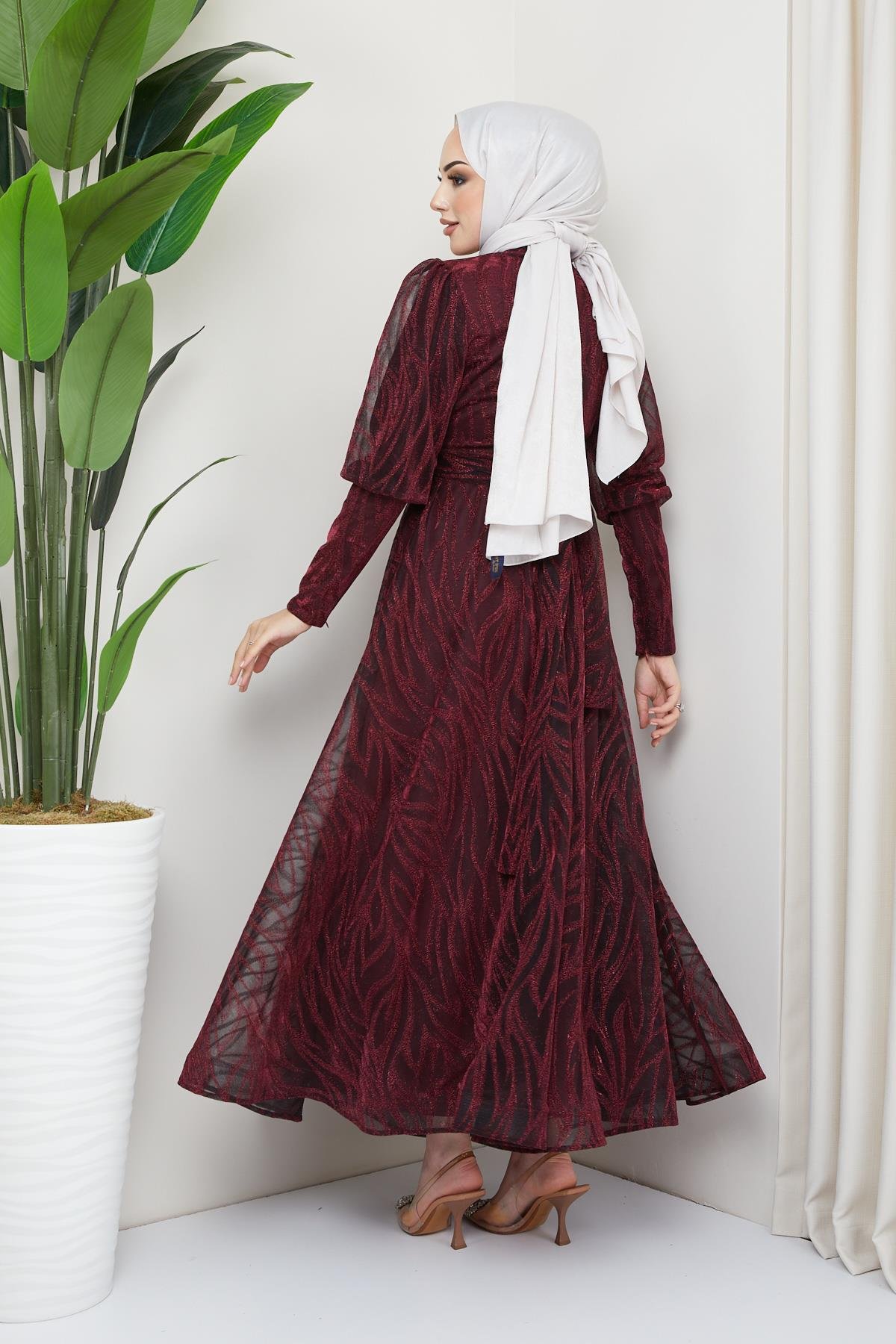 Tesettür Kolye Detaylı, Organze Abiye BordoHM4216