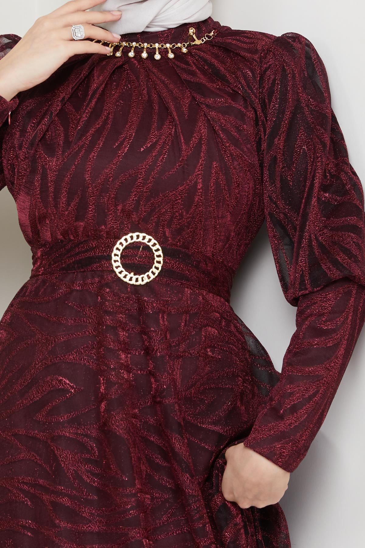 Tesettür Kolye Detaylı, Organze Abiye BordoHM4216