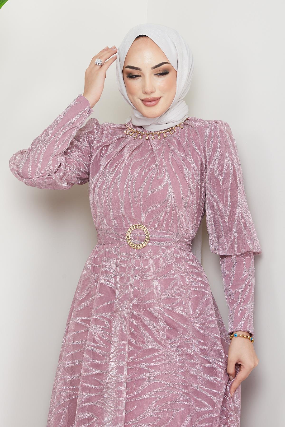 Tesettür Kolye Detaylı, Organze Abiye PudraHM4216