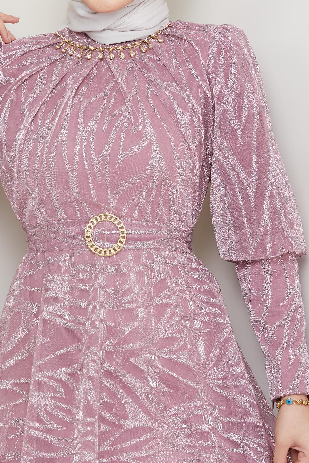 Tesettür Kolye Detaylı, Organze Abiye PudraHM4216