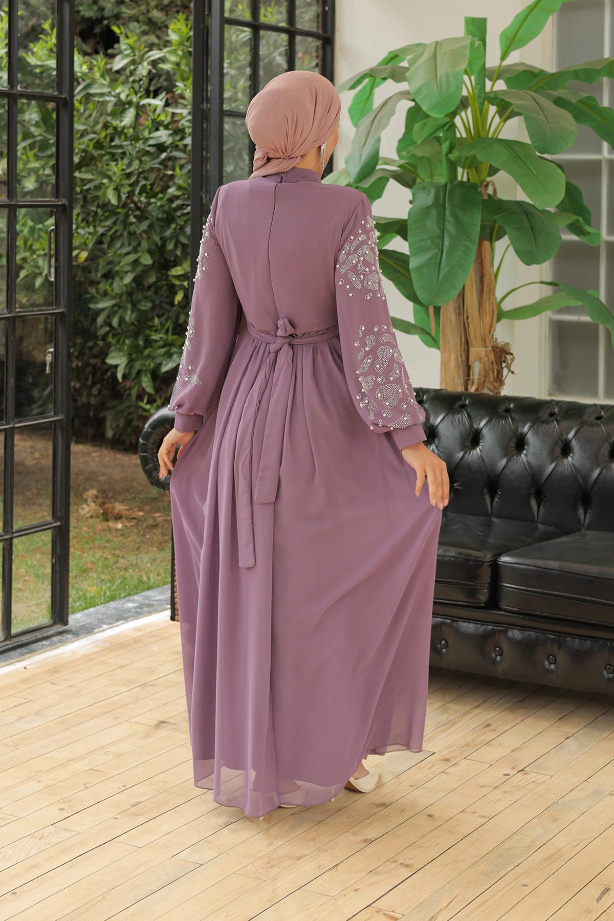 Tesettür Kruvaze Pilise, Kolları Taşlı Şifon Abiye LilaHM4192