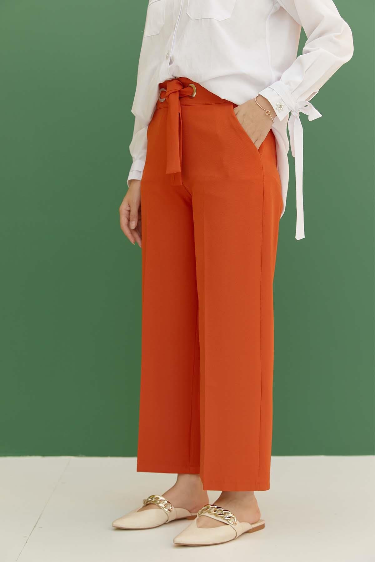 Tesettür Kuşgözü Detaylı Cepli Pantolon OranjHM1843