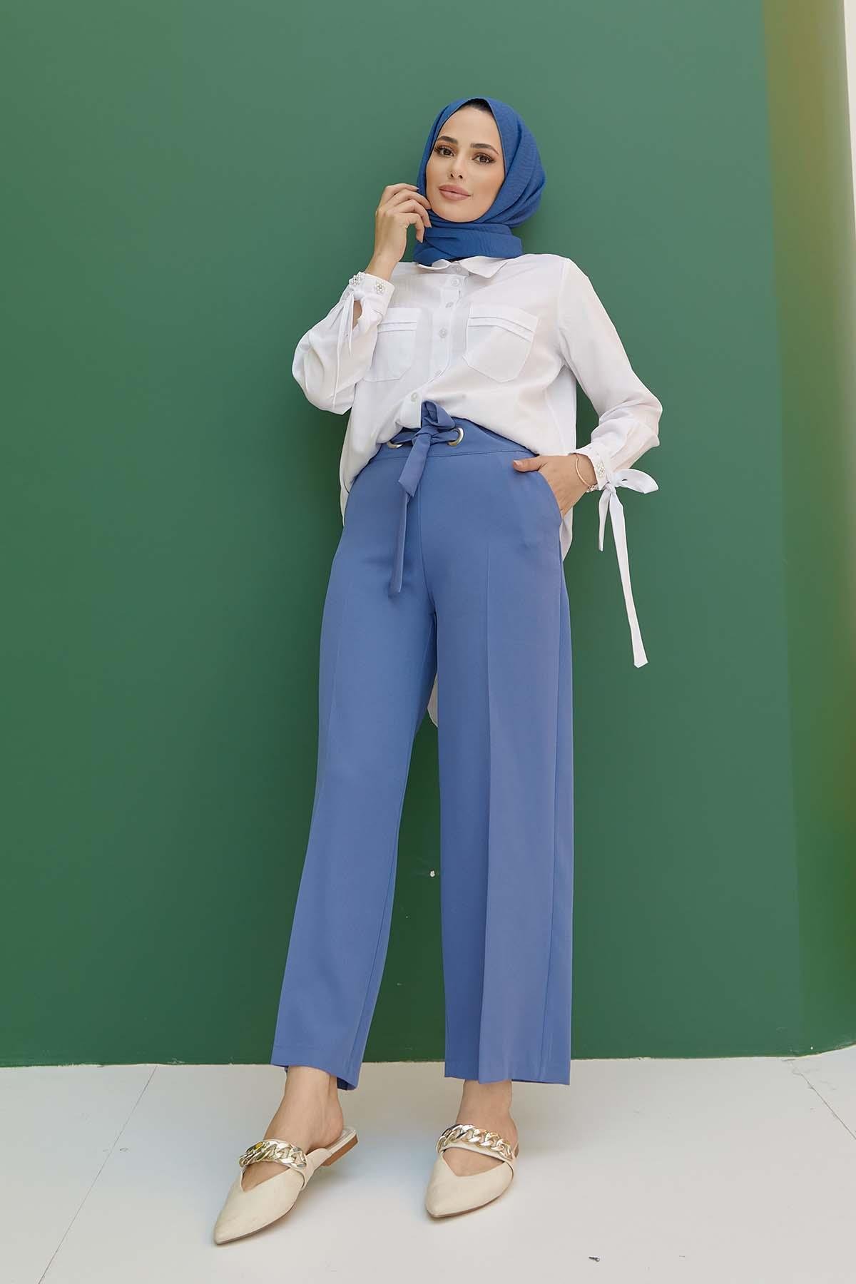 Tesettür Kuşgözü Detaylı Cepli Pantolon IndigoHM1843