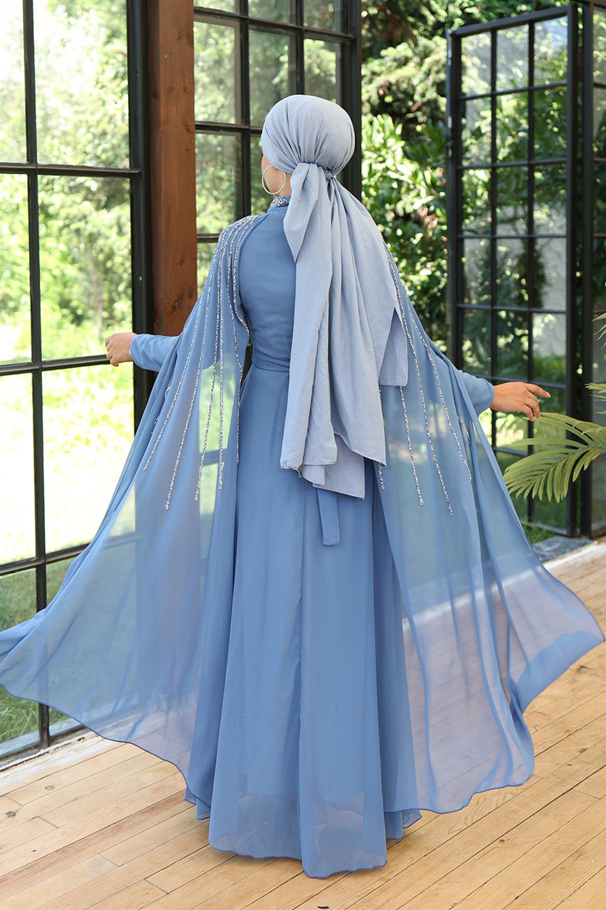 Tesettür Laren Şifon Abiye Açık MaviLP6088