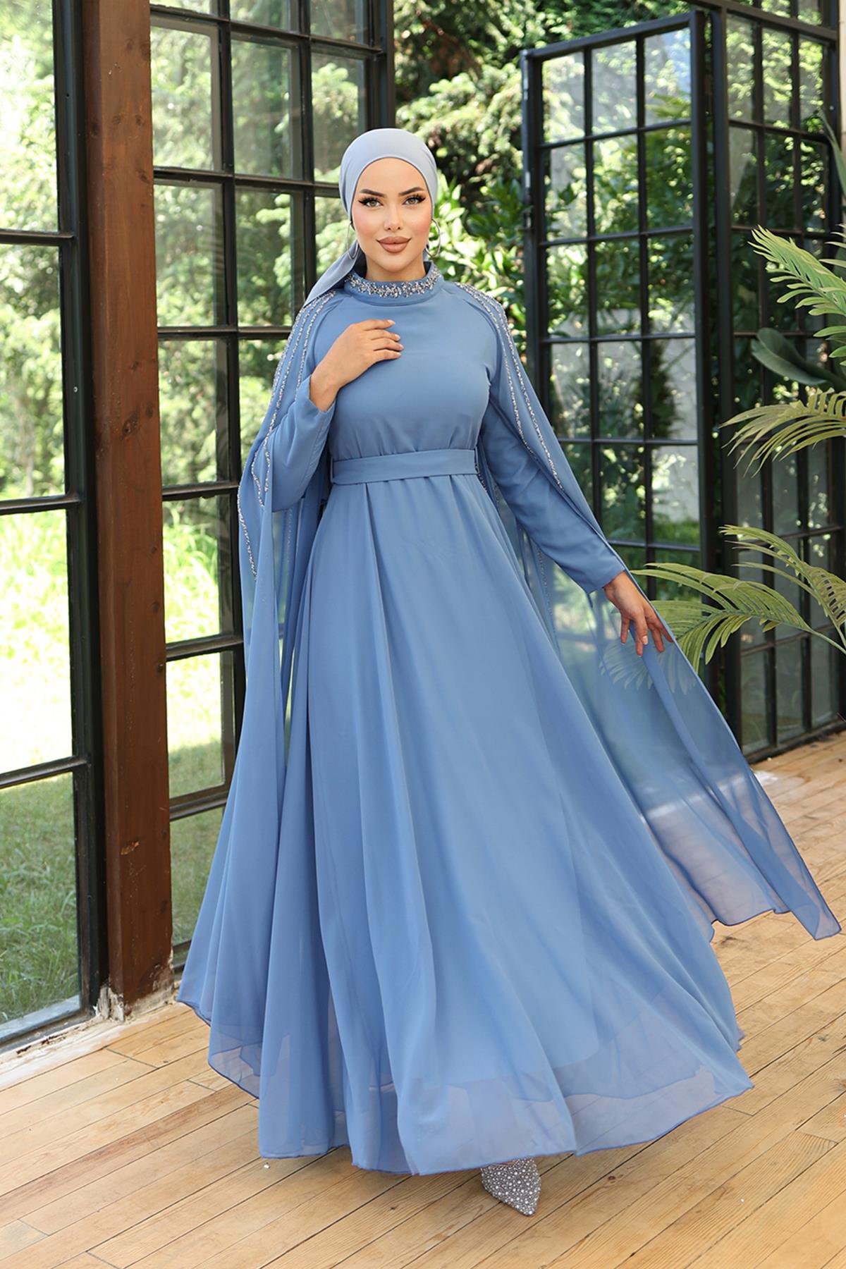 Tesettür Laren Şifon Abiye Açık MaviLP6088