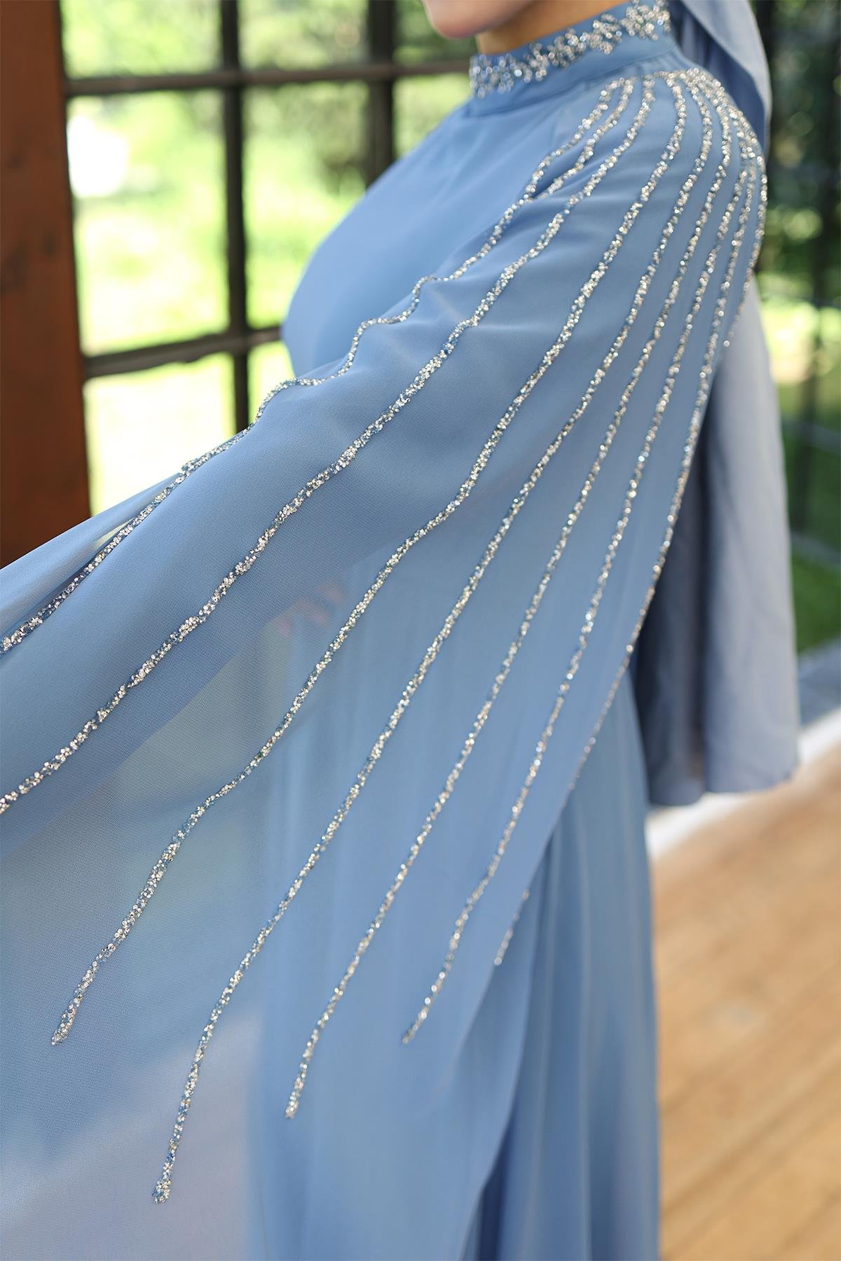 Tesettür Laren Şifon Abiye Açık MaviLP6088