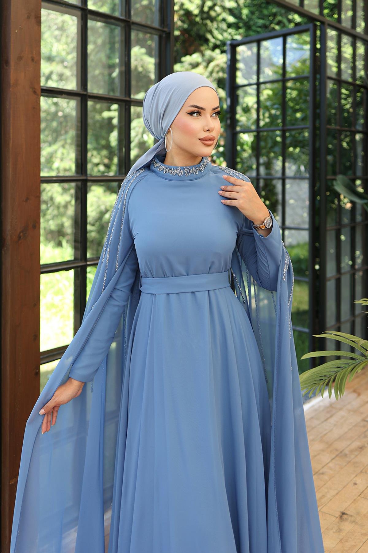 Tesettür Laren Şifon Abiye Açık MaviLP6088