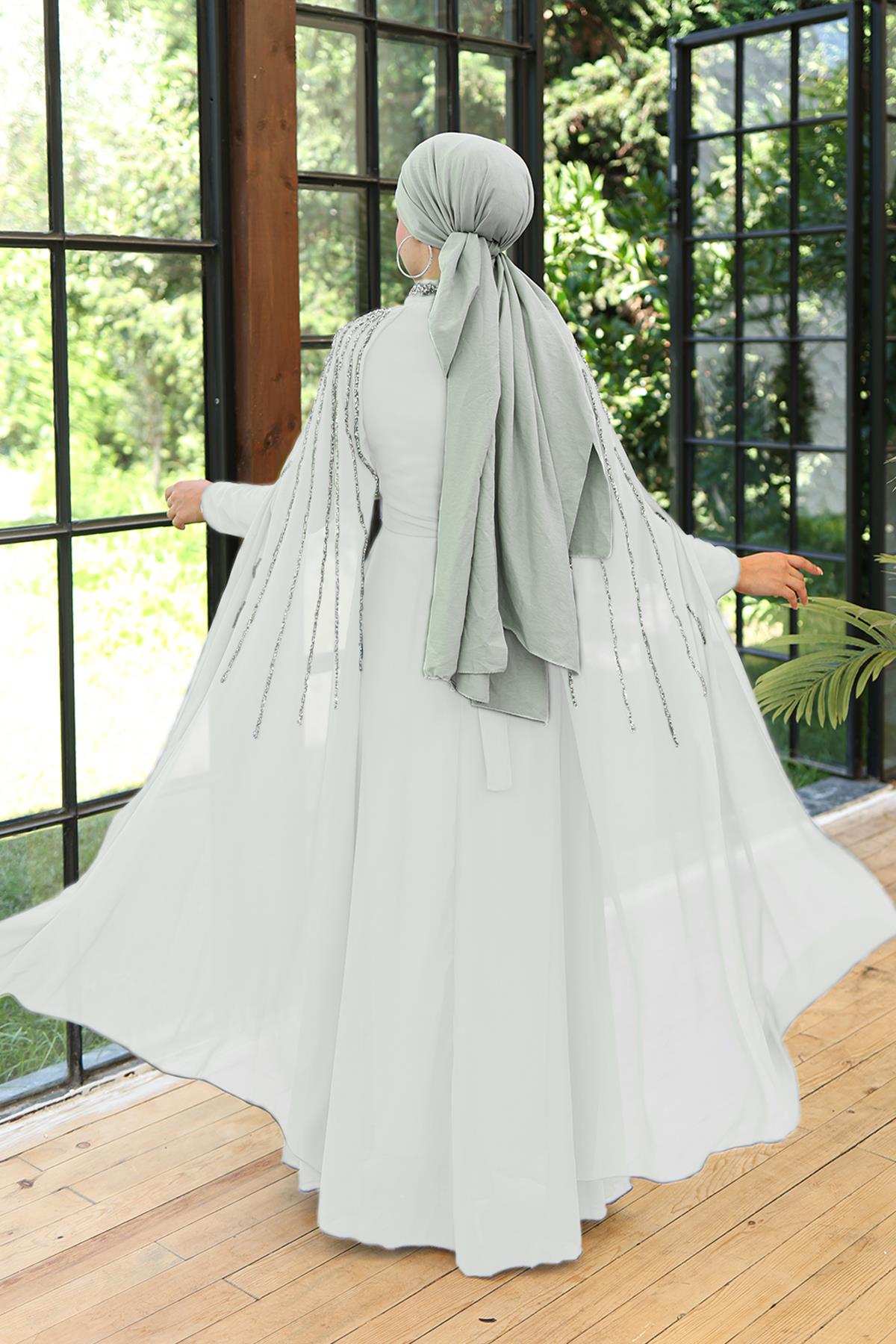 Tesettür Laren Şifon Abiye BeyazLP6088