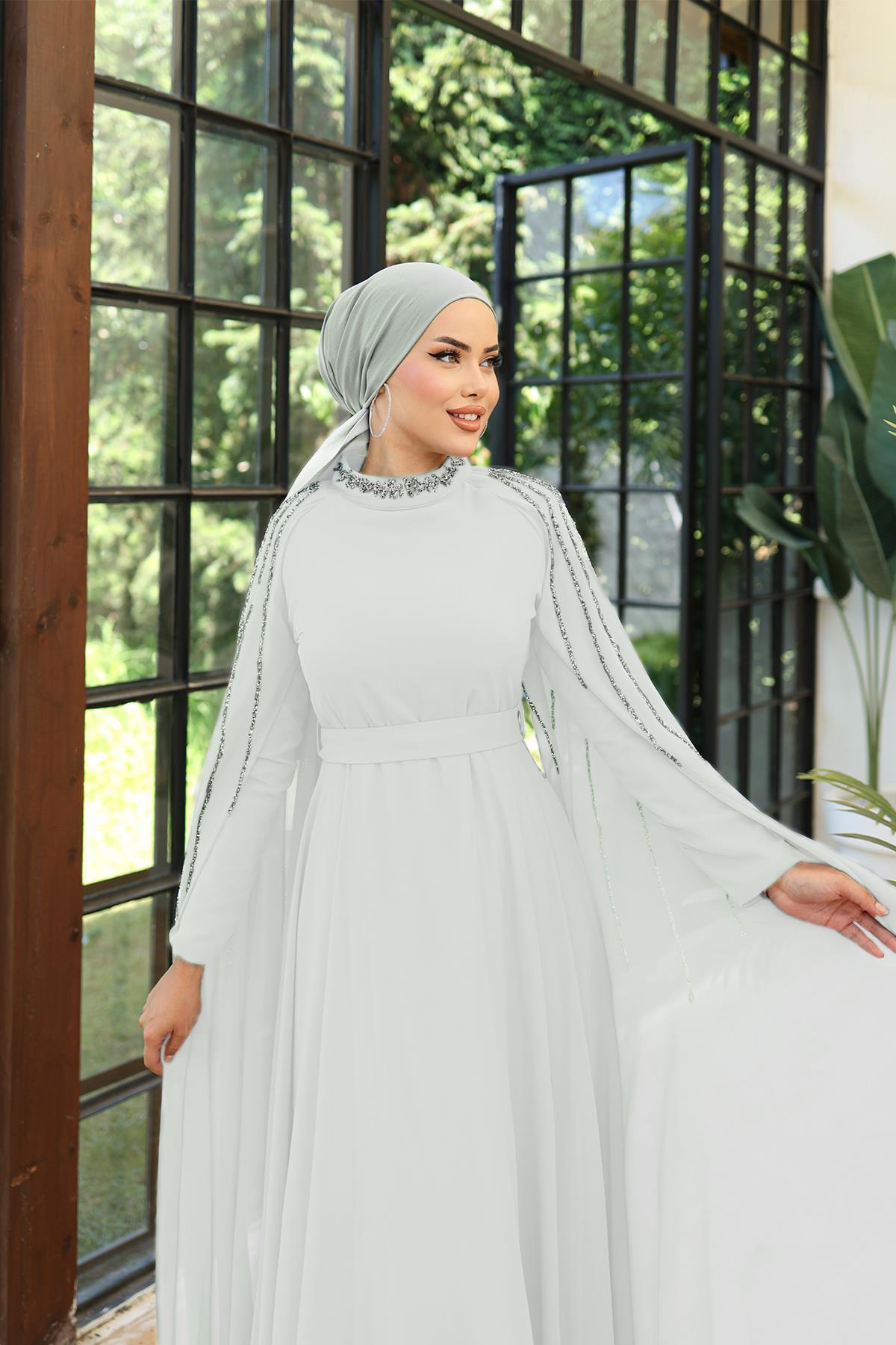 Tesettür Laren Şifon Abiye BeyazLP6088