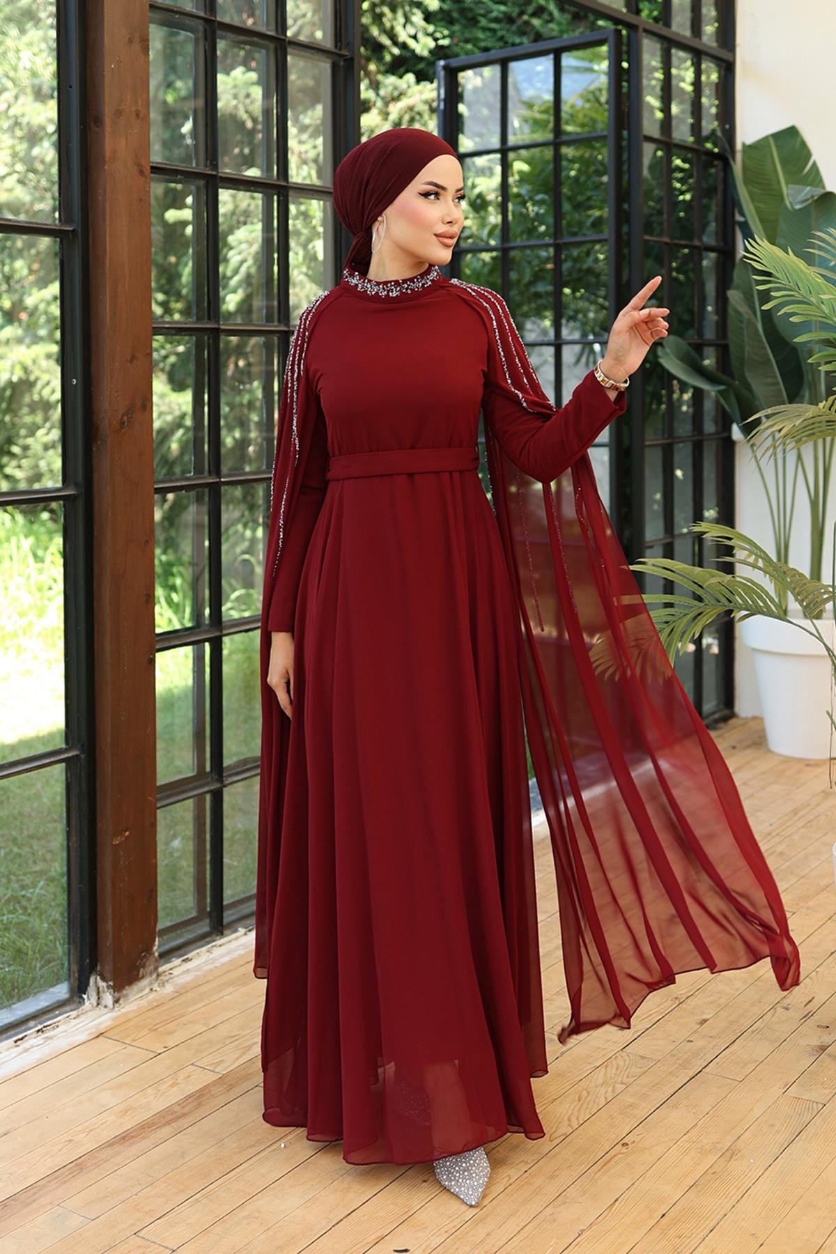 Tesettür Laren Şifon Abiye BordoLP6088