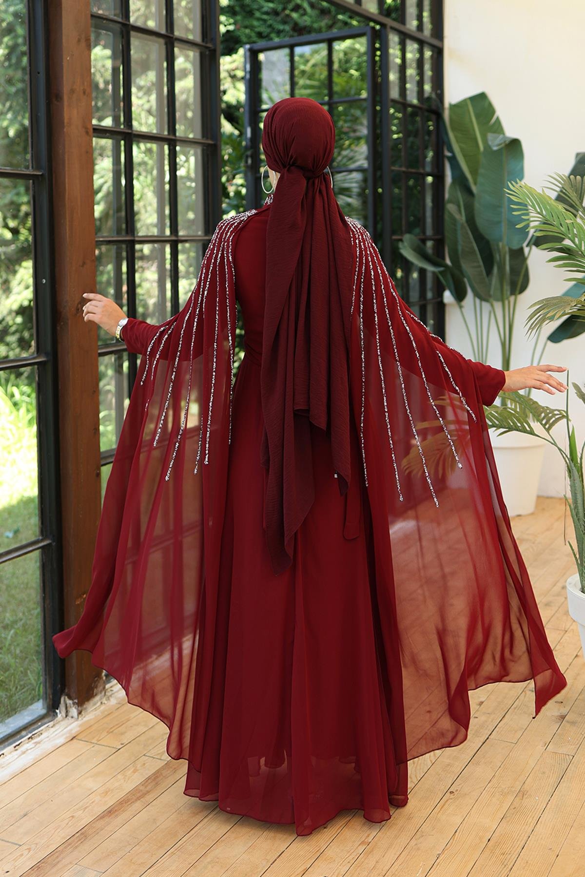 Tesettür Laren Şifon Abiye BordoLP6088