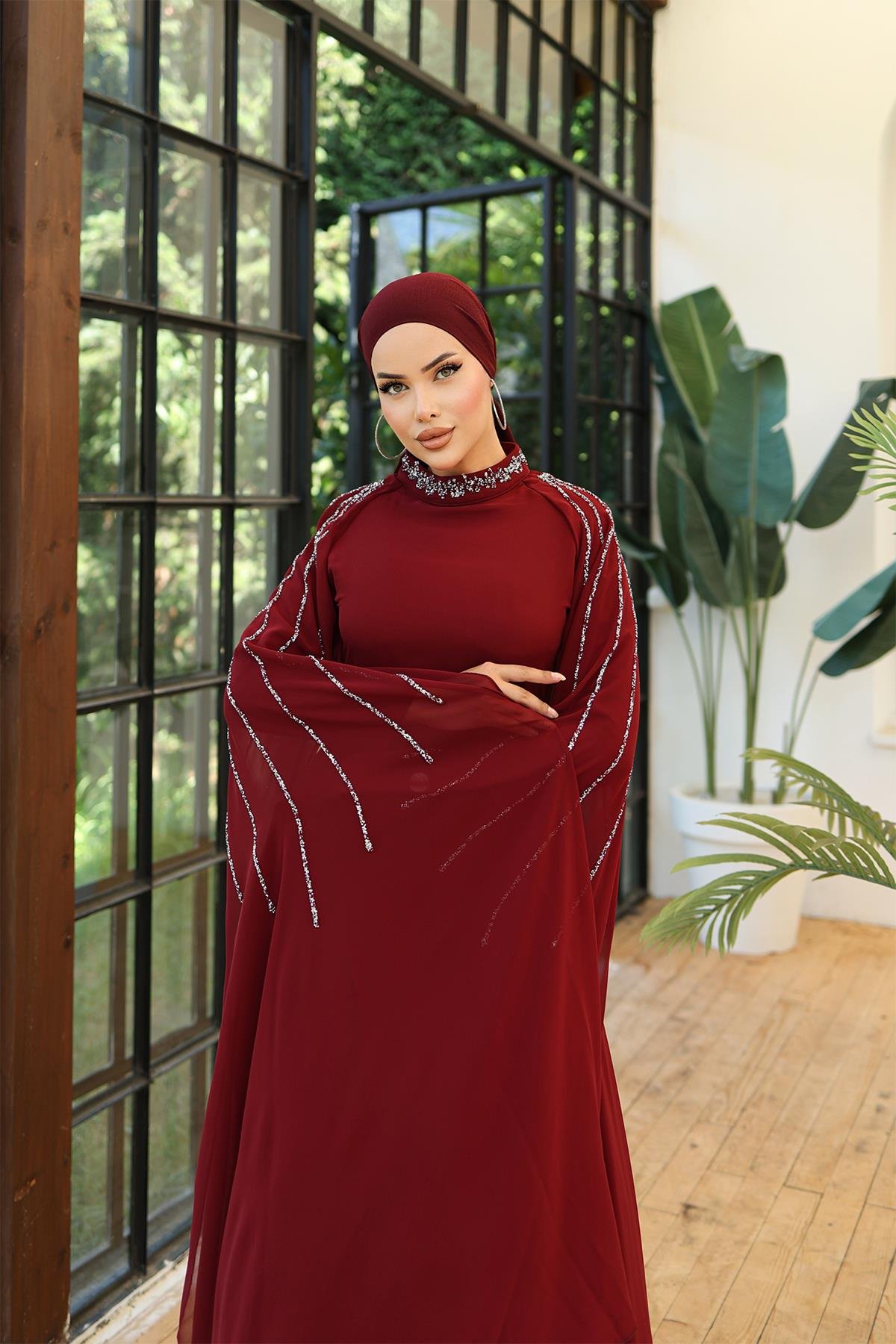 Tesettür Laren Şifon Abiye BordoLP6088